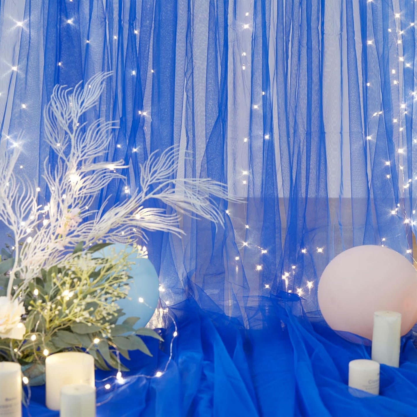 Royal Blue Backdrop Curtains with Lights String for Wedding Parties Sheer Tulle Backdrop Curtain Panels for Bridal Shower Baby Shower Birthday Photo Shoot Background Decorations 2 Panels 10×10ft