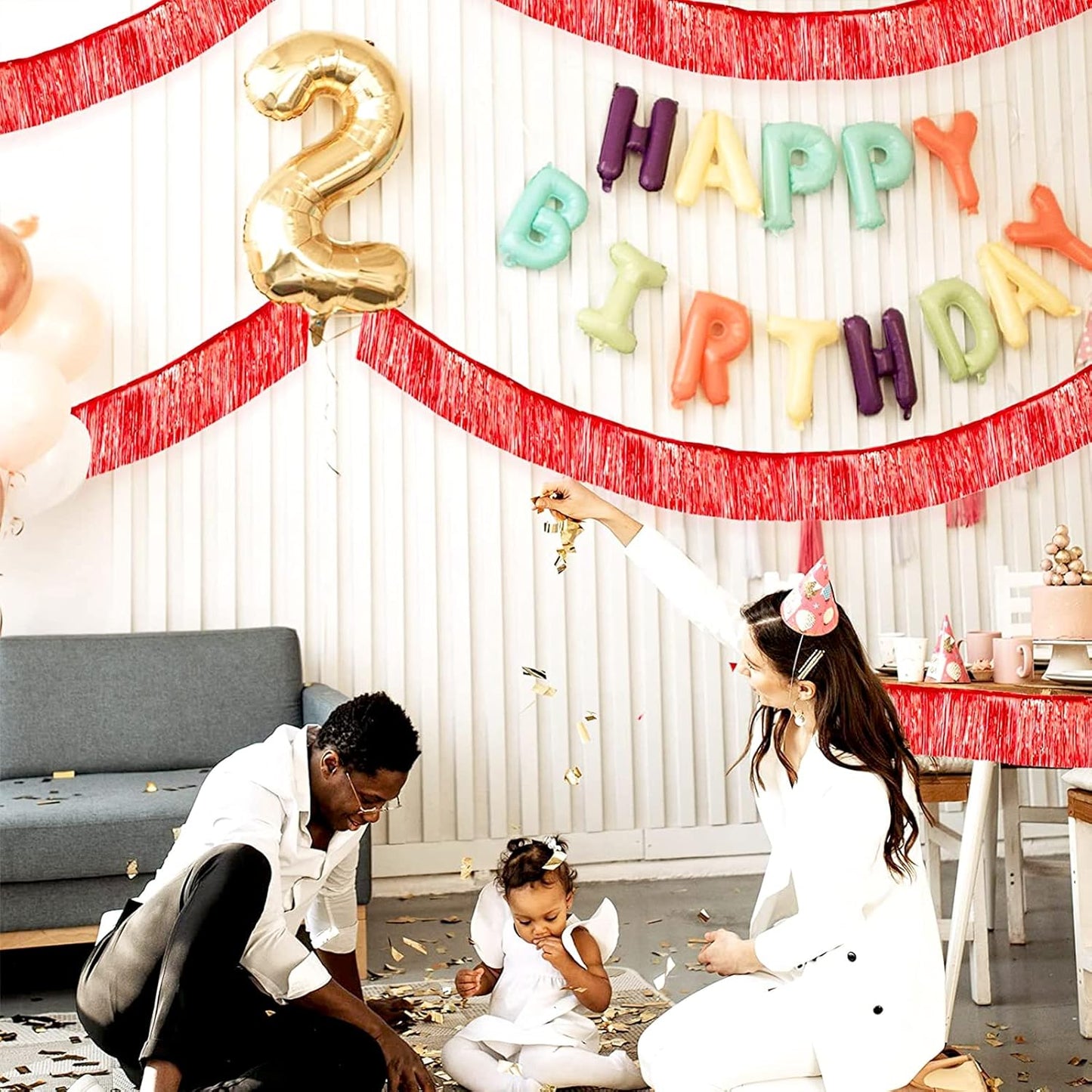 6 Pack 10 Feet Red Foil Fringe Garland Metallic Tinsel Streamers Banner Wall Hanging Curtain Backdrop Banner for Parade Floats, Thanksgiving, Christmas, Birthday, Halloween Party Decorations