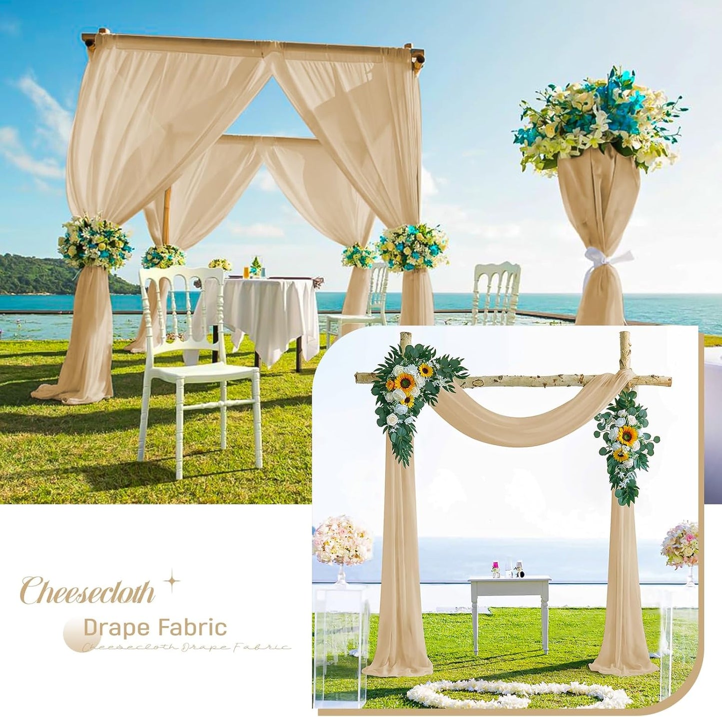 4 Panels Beige Cheesecloth Draping Fabric 35" x 20FT Gauze Fabric Arch Drapes for Wedding Reception Sheer Backdrop Photo Background Household Curtain or Outdoor Curtain