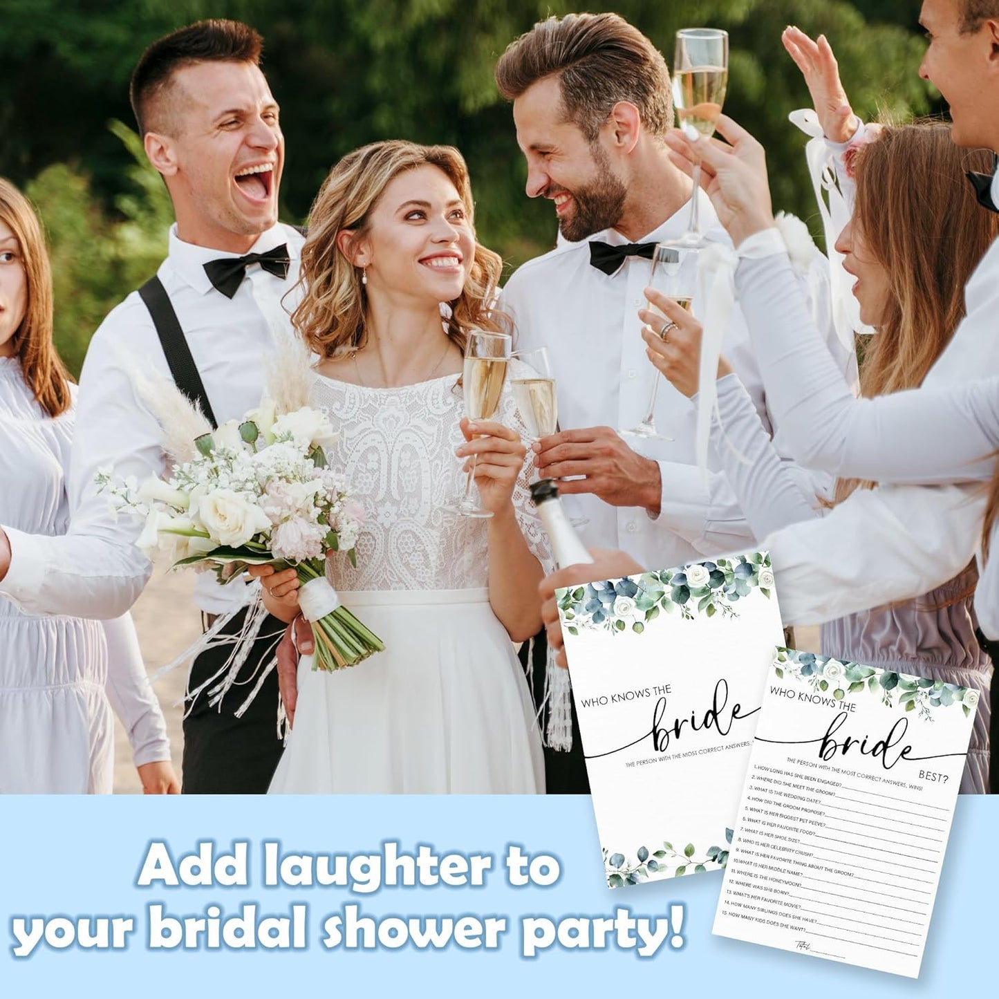 Who Knows The Bride Best - Botanical Bridal Shower Game Cards - 50 Pcs Eucalyptus Leaves Game Cards - Funny Wedding Party Games for Bride & Groom - Activities for Bachelorette Party - A01