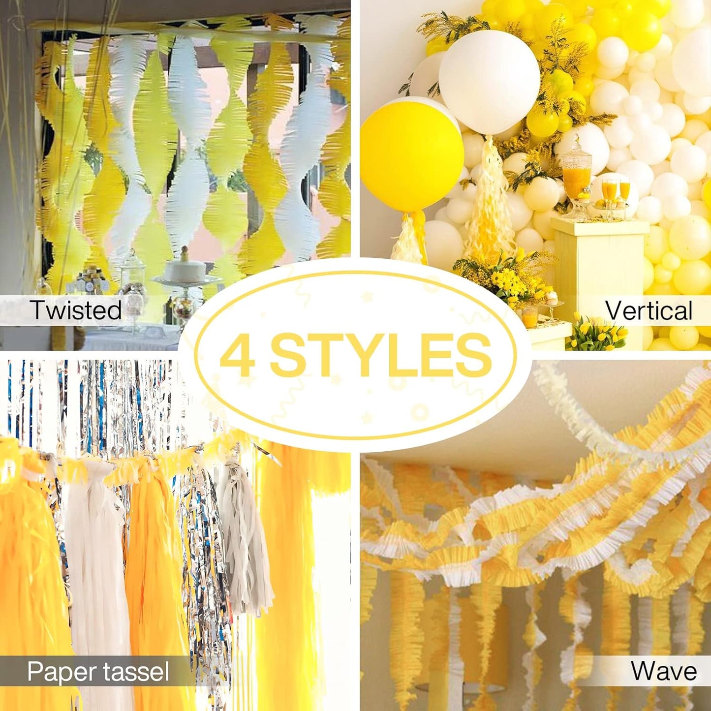 PartyWoo Light Yellow Crepe Paper Streamers 4pcs 328ft Pack of Pastel Pale Yellow Crepe Paper Streamers for Birthday Graduation Engagement Baby Shower Summer Sunflower Little Cutie Party Decorations