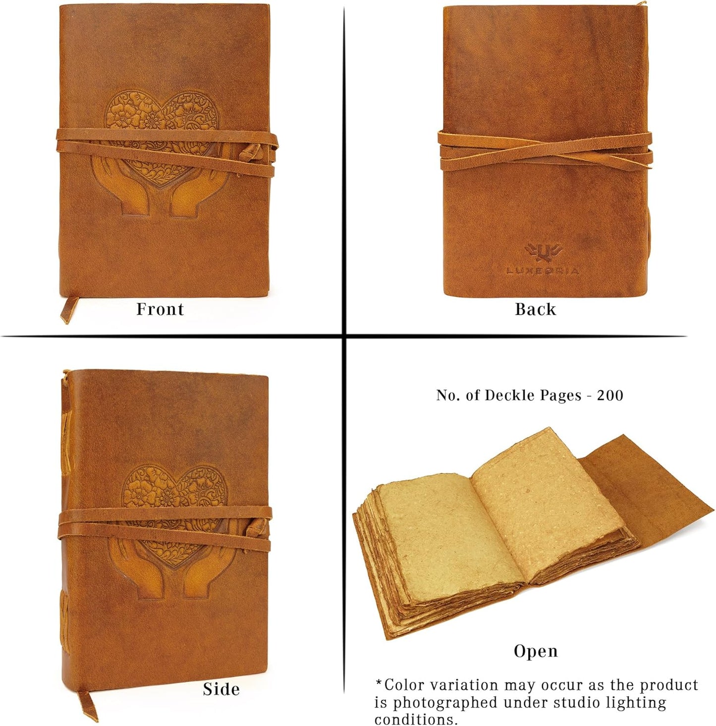 LUXEORIA Heart Journal for Women and Men, Handcrafted Leather Journal for Writing Womens, Leather Sketchbook, Travel Diary with Unlined Deckle Paper, Camel Brown 7x10