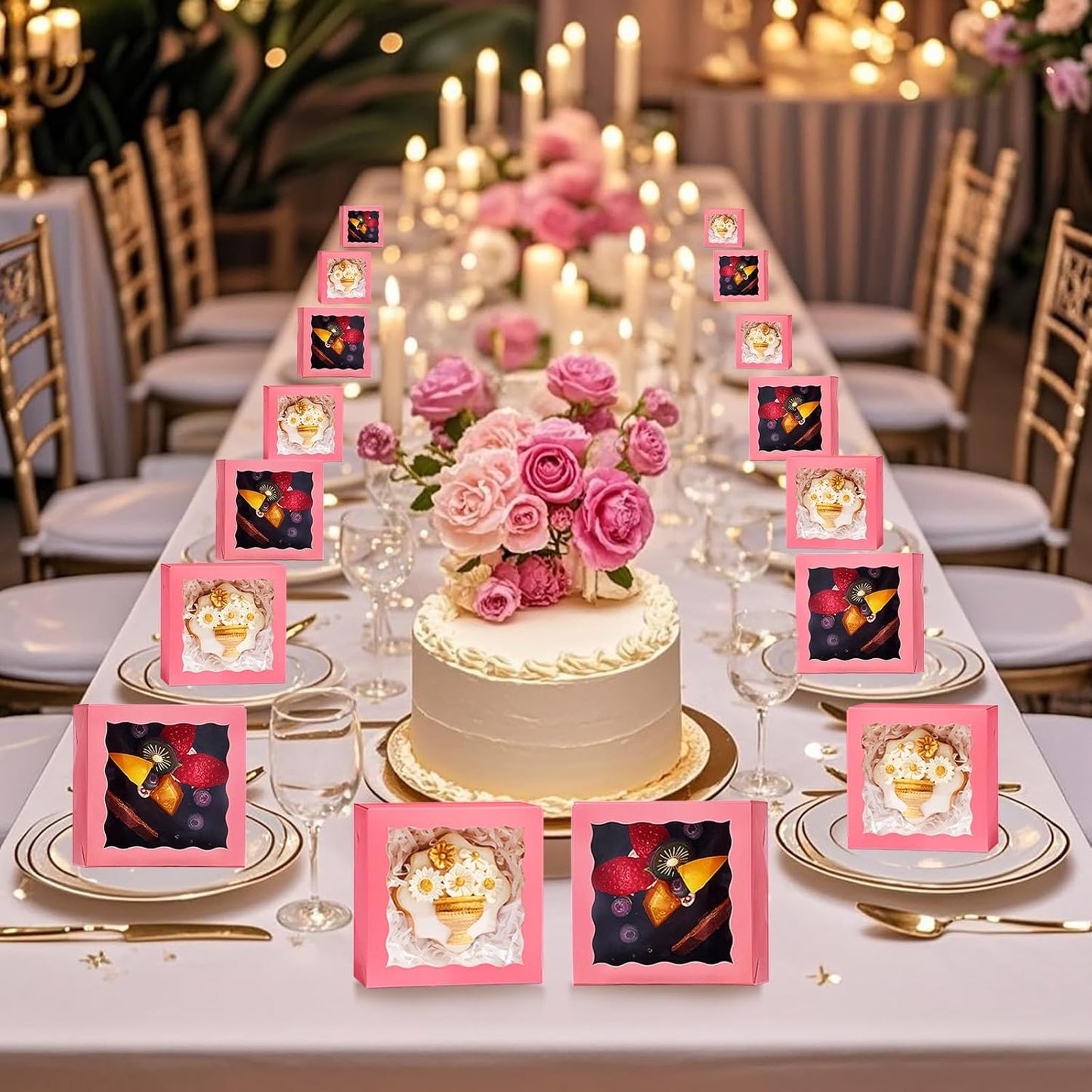 100-Pack 4x4x2 Pink Bakery Boxes - Treat/Cookie/Truffle Boxes for Mini Cakes, Pies & Cinnamon Rolls - Wedding Party Favor Packaging