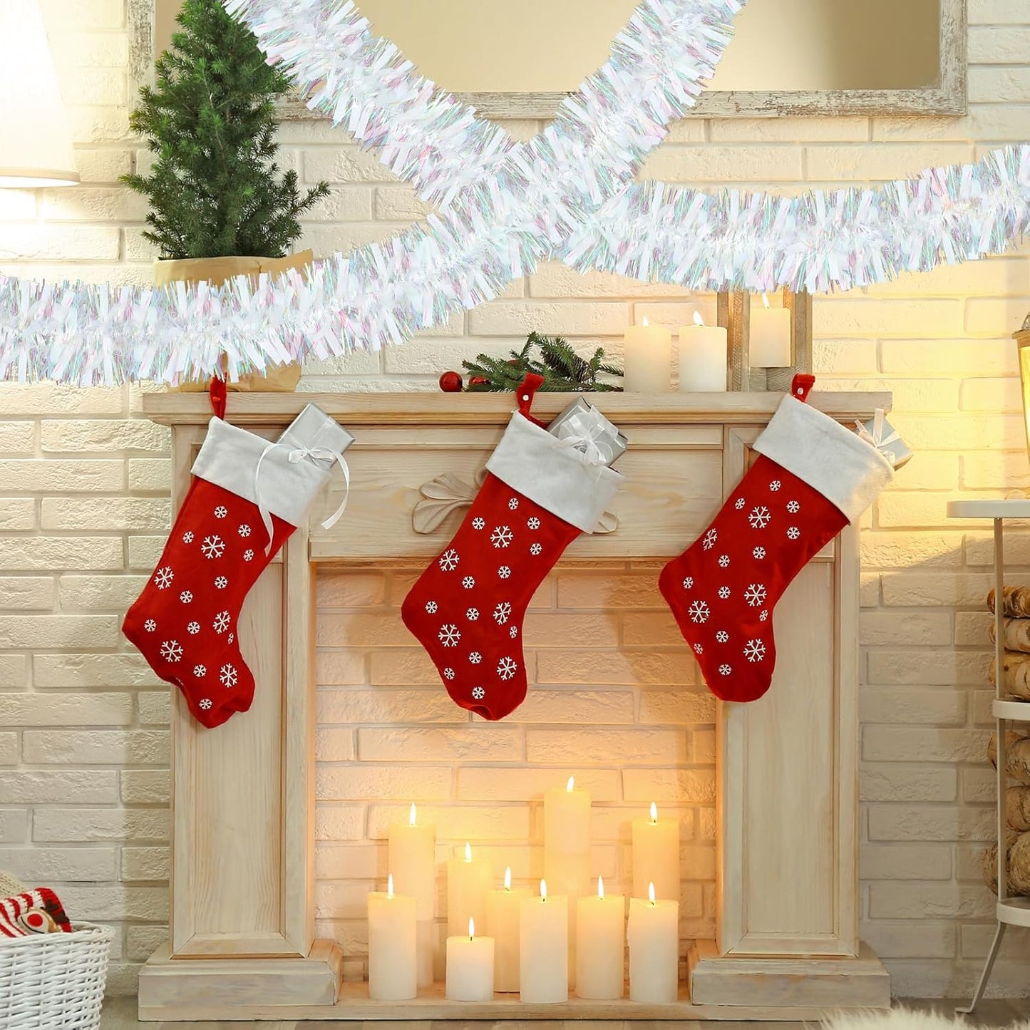 72 Feet Christmas Tinsel Garland Shiny Metallic Tinsel Twist Garland Streamers Ornaments Long Glitter Christmas Tree Hanging Decorations for Party Holiday Wedding Birthday Tree Wall Rail (White)