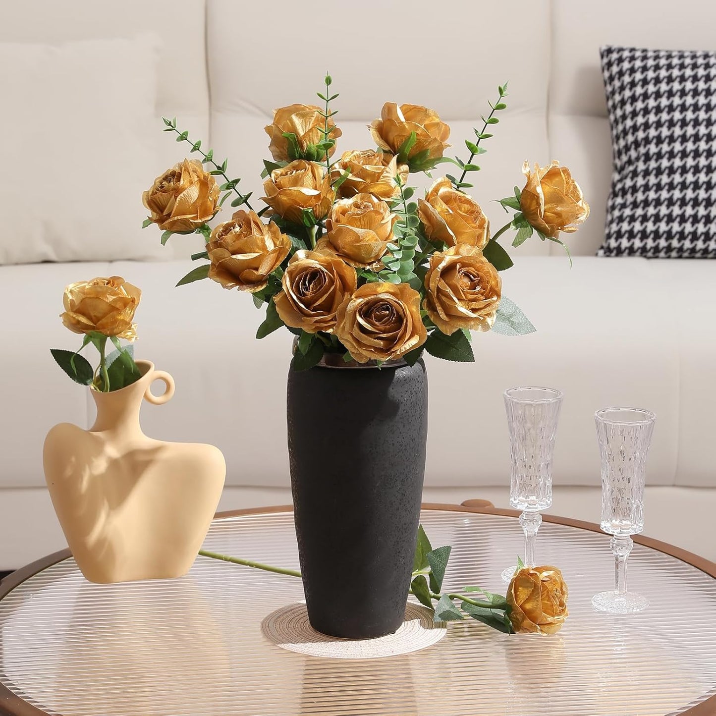 Tifuly Gold Roses Artificial Flowers -12Pcs Realistic Single Long Stem Fake Silk Roses Bouquet for Party Home Wedding Centerpiece Hotel Office Decor