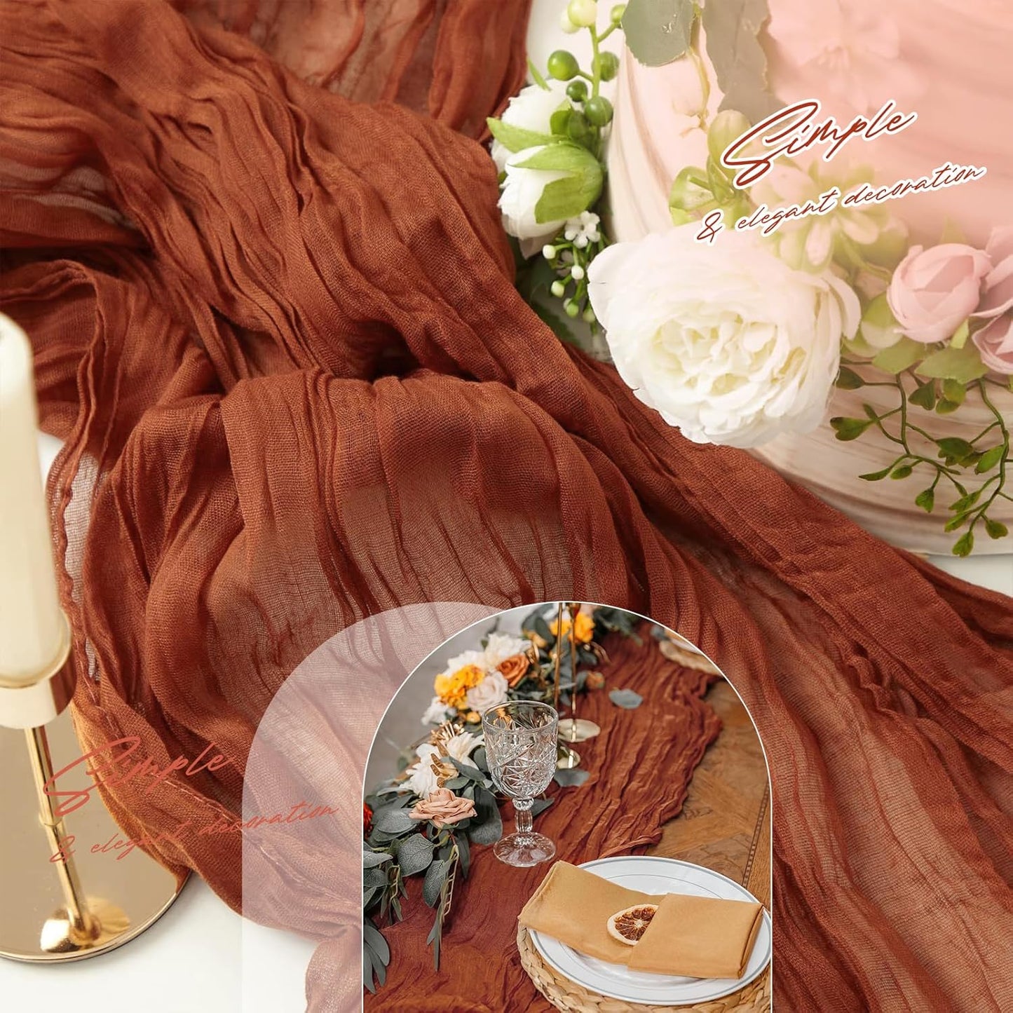 Aktor 4 Pack Terracotta Table Runner Boho Cheesecloth Table Runner Semi Sheer Gauze Fabric Runners for Wedding Birthday Baby Shower Party Boho Table Decoration(Terracotta)