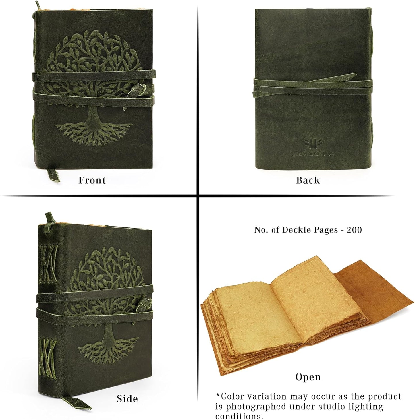 LUXEORIA Tree Of Life Leather Journal for Women and Men, Handcrafted Leather Journal for Writing Womens, Sketchbook, Travel Diary with Unlined Deckle Paper, Dark Green 6x8