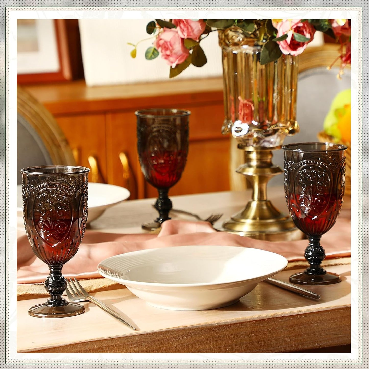 18 Pack Plastic Goblets 10oz Upgrade Vintage Water Goblet Plastic Wine Glasses Colored Retro Embossed Glassware for Party Wine Bar Juice Baby Shower Wedding Reception Grand (Black)