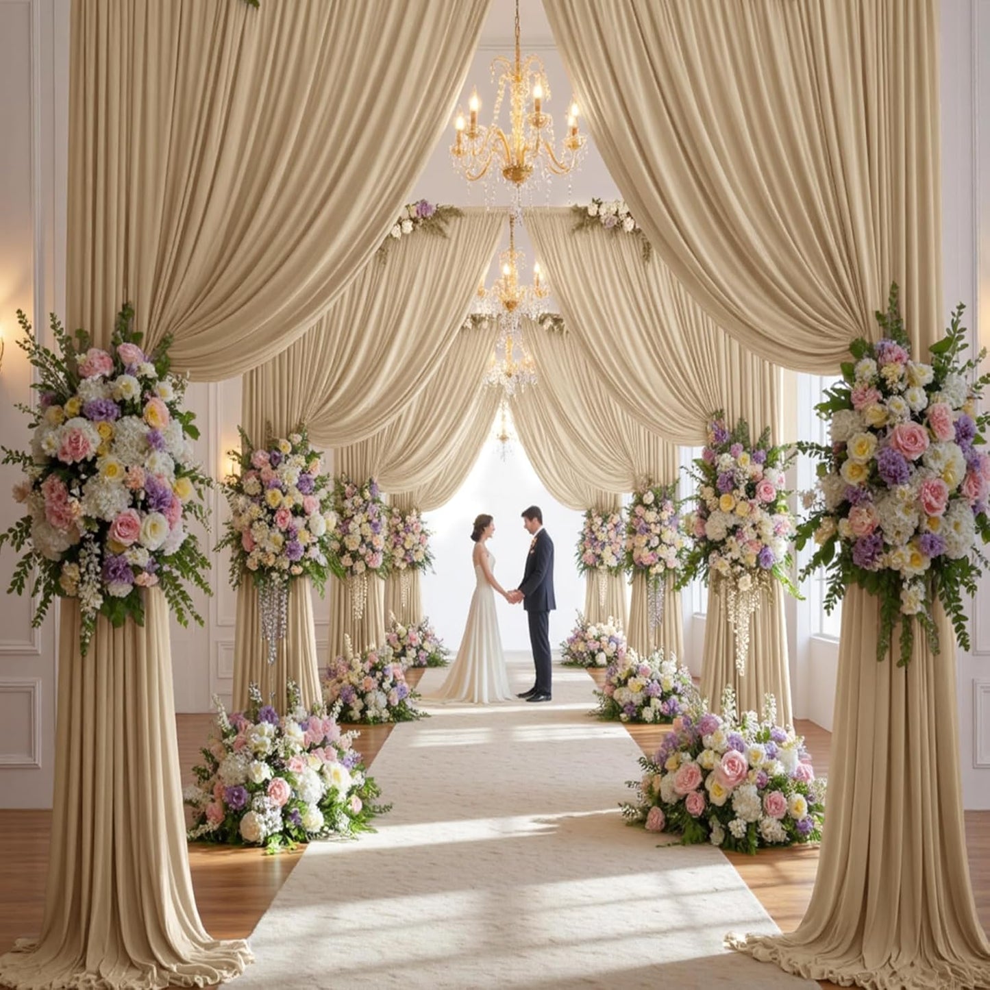 60×14 ft Wrinkle Free Beige Backdrop Curtain for Weddings Parties, 12 Panels 14ft Silky Polyester Wedding Drapes Backdrop Photo Back Drop Cloth for Birthday Baby Shower Photography Backgrounds