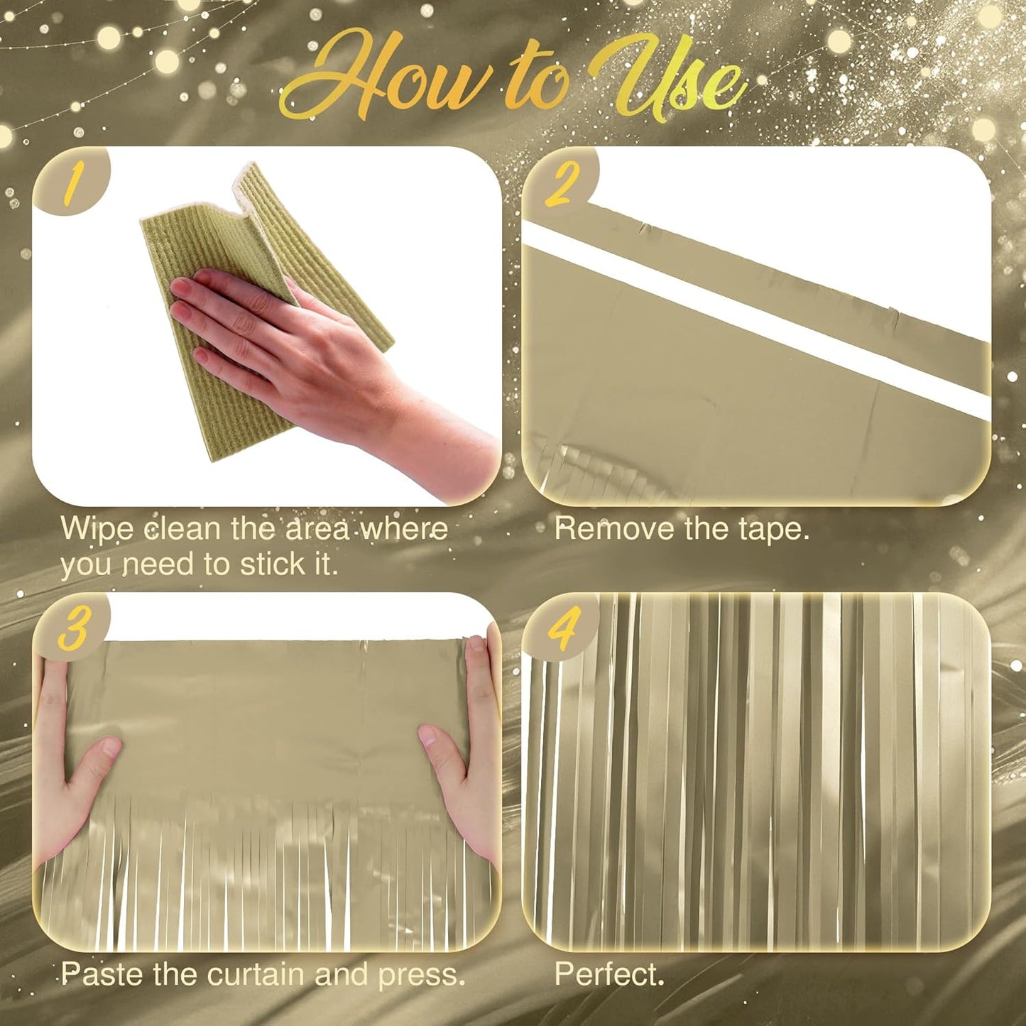 10 Pack Metallic Champagne Gold Fringe Backdrop, 3.2x8.2ft Shining Foil Tinsel Curtains, Birthday Party Decorations Door Streamers for Halloween, Christmas, Wedding, Graduation, Holiday, Theme Events