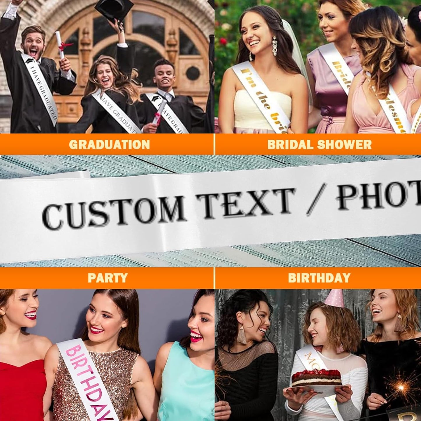 Custom Sash,Personalized Birthday Sash with Text Photo,Customized Bachelorette Sash Quote Sash Bride to Be Sash Color Optional (No decorative edge, White)