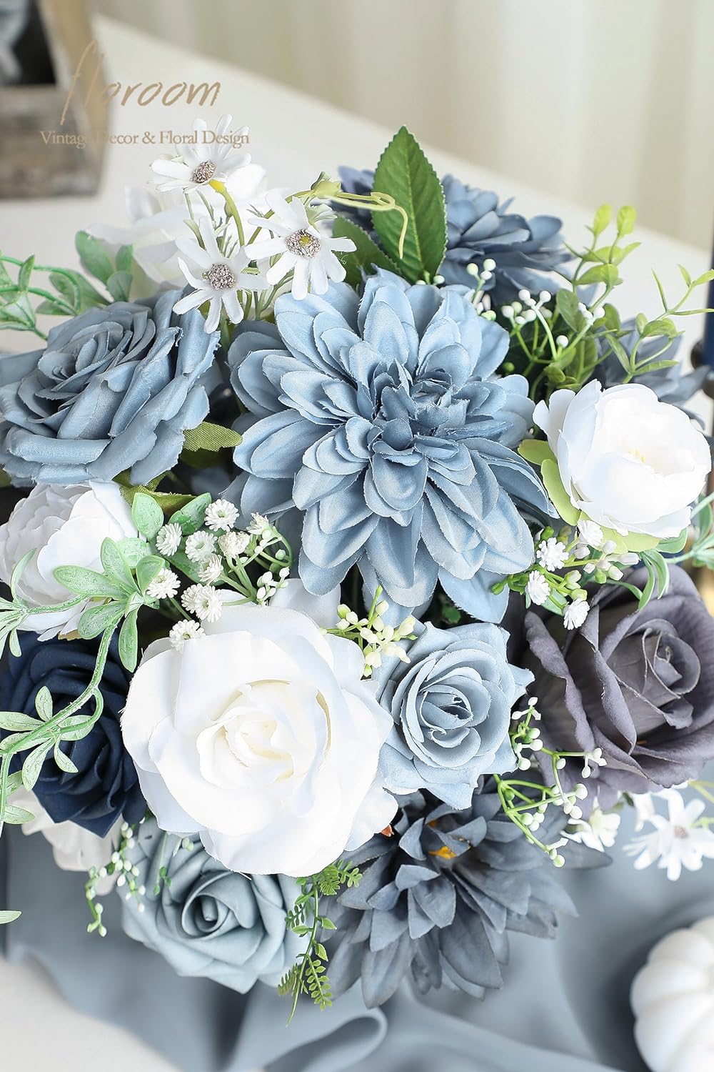 Floroom Dusty Blue Navy Artificial Flowers Fake Roses Peonies Dahlias and Greenery Combo Box Set for DIY Wedding Bouquets Bridal Shower Centerpieces Floral Arrangements Party Tables Home Decorations