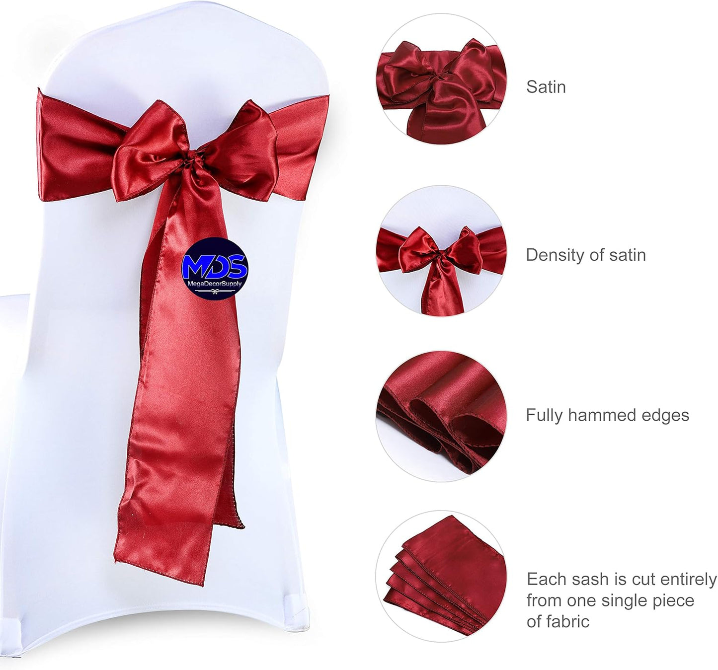 MDS Pack of 150 PCS Satin Chair Sashes Charmeuse Sateen Dining Chair Bows Ribbon Ties Back Sash for Wedding Party Birthday Home Hotel Restaurant Banquet Decoration (7 x 108 Inch, Apple Red)
