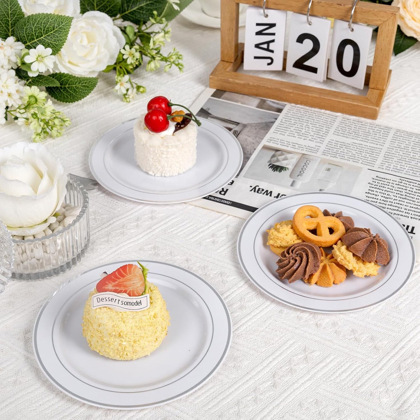 bUCLA 200PCS Silver Plastic Plates - 6.25inch White with Silver Trim Disposable Salad/Dessert/Appetizer/Small Cake Plates - Ideal for Wedding & Party