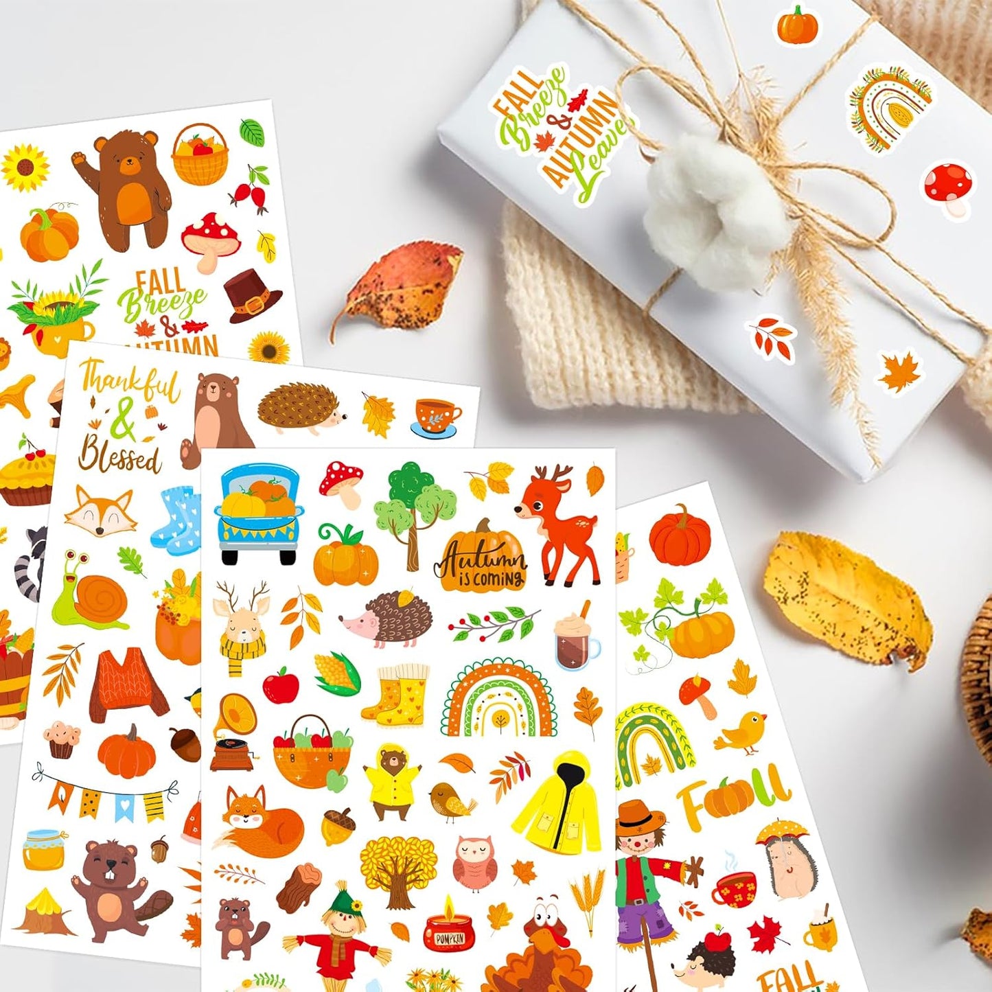 Fall Autumn Adhesive Stickers 990 Counts Woodland Pumpkin Stickers for Birthday Invitations Envelopes Decorations Party Goodie Gifts Bags Decor Water Bottle Decor Stickers