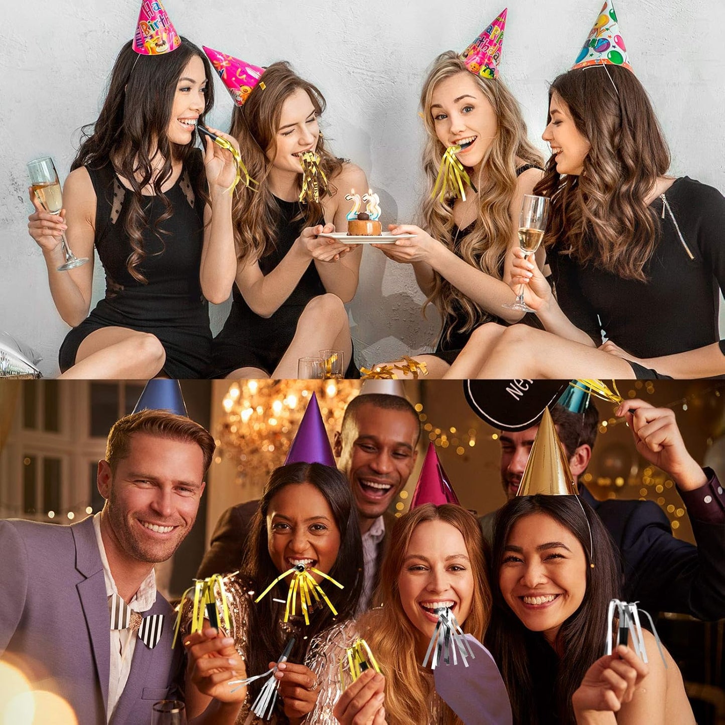 200 Pcs Party Blowers Noise Makers Party Horns Blowout Clappers Noisemakers for Halloween Christmas Birthday Sporting Party New Year's Eve Party Supplies 2025(Black Gold, Black Silver)