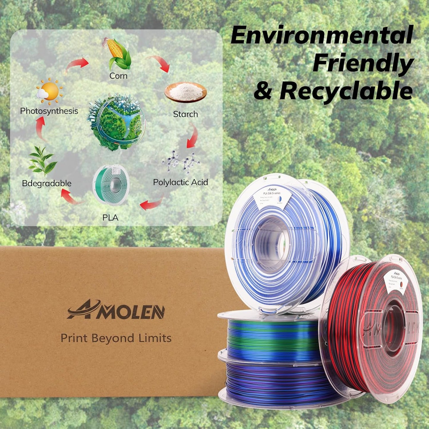 AMOLEN Silk PLA 3D Printer Filament Bundle, Shiny PLA Filament 1.75mm Multicolor Rainbow Pack, Fast Color Change PLA 3D Printing Filament for Most FDM 3D Printer, 1KG X 4 Spools