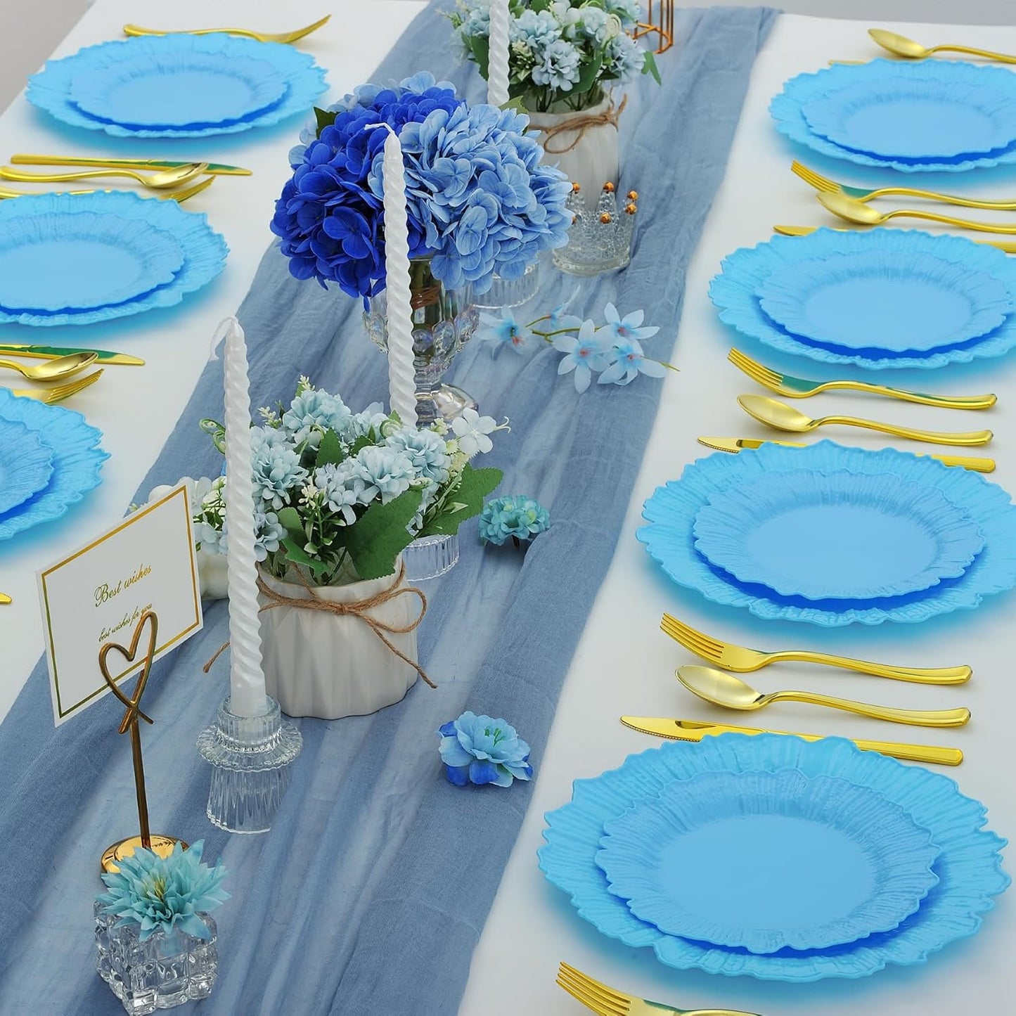 50 Pcs Blue Floral Plastic Plates, Fancy Disposable Plate, Heavy Duty Plastic Plates Set include 25 10" Dinner & 25 7.5" Dessert Plates for Party & Wedding