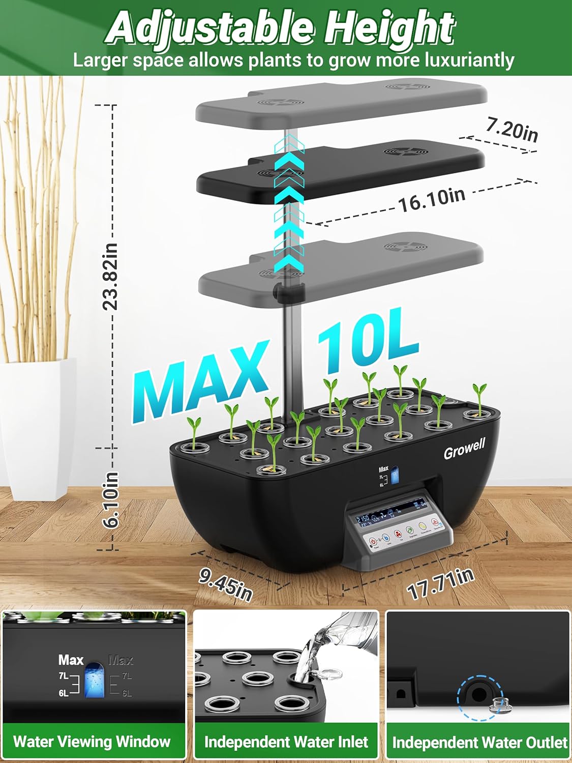 Hydroponics Growing System Kit, 17 Pods Herb Garden with 102 28W Full-Spectrum Grow Lights & 2 Fans, Indoor Garden with Water Pump, 10L Water Tank, Auto Timer, Height Adjustable (Black & Grey)