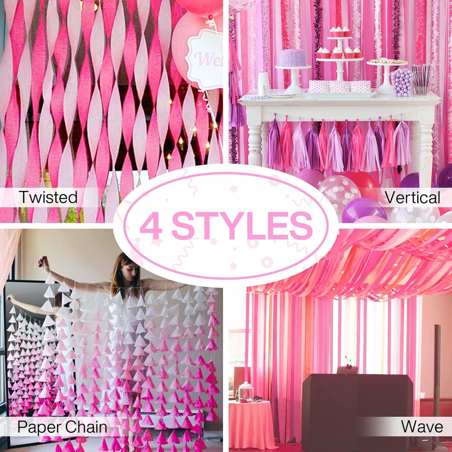 PartyWoo Crepe Paper Streamers 4 Rolls 328ft, Pack of Hot Pink Crepe Paper for Party Decorations, Wedding Decorations, Birthday Decorations, Baby Shower Decorations (1.8 Inch x 82 Ft/Roll), Pink-9581