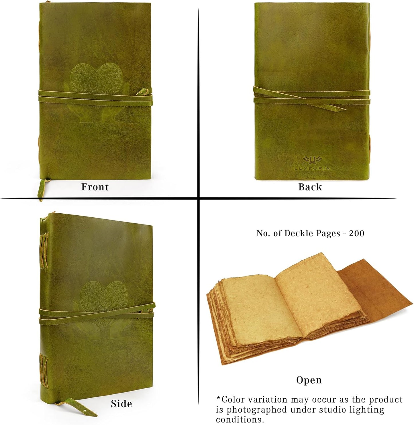 LUXEORIA Heart Journal for Women and Men, Handcrafted Leather Journal for Writing Womens, Sketchbook, Travel Diary with Unlined Deckle Paper, Mint Green 8x13