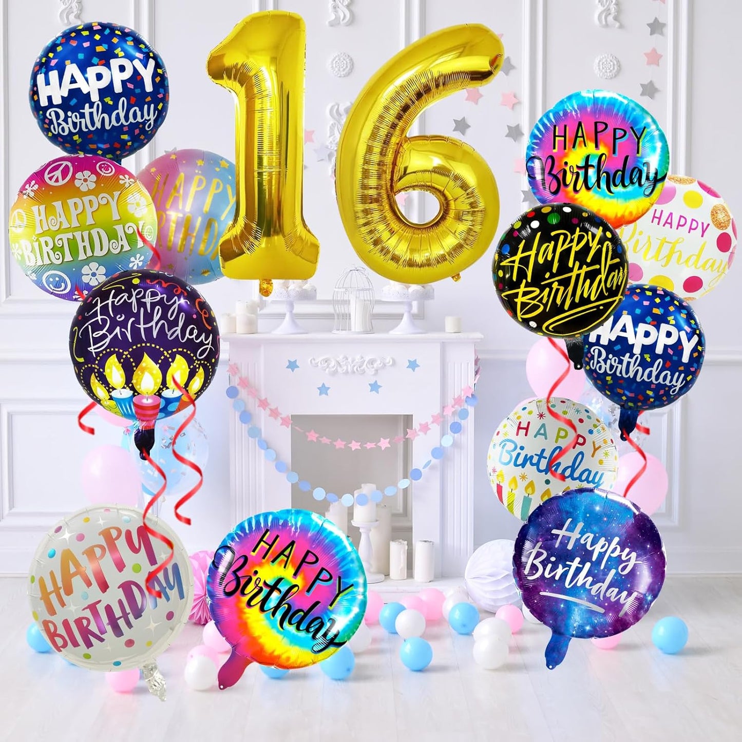 50 Pcs Happy Birthday Party Aluminum Foil Balloons and 16th Birthday Balloons, 18 Inch Round Aluminum Foil Balloon with" Happy Birthday" Sign, Birthday Party Decorations for Boys/Girls(Yellow, 16)
