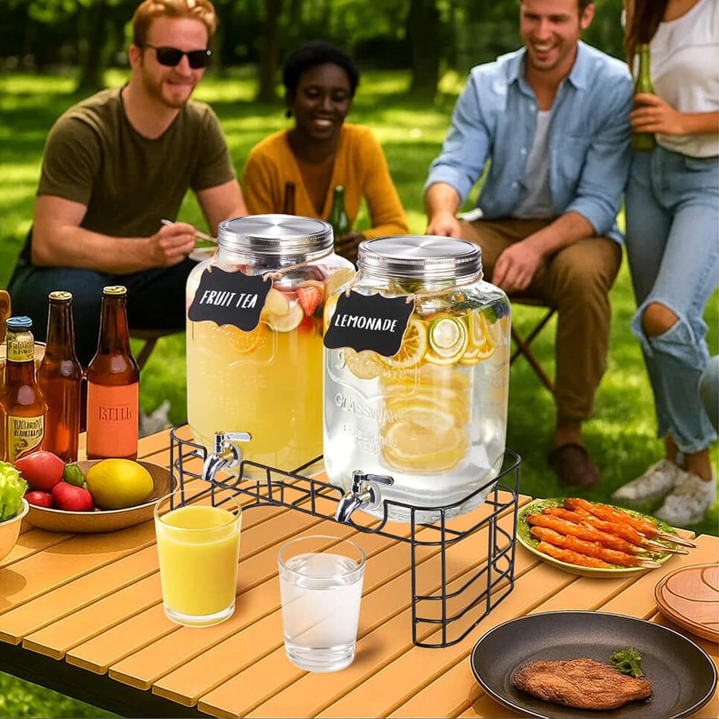 2 Gallon Glass Drink Dispenser for Parties, 2 Pack Beverage Dispenser with Stand, Lemonade Dispenser with 18/8 Stainless Steel Spigot, Leakproof for Sun Tea, Juice, Picnic, BBQ & Bars