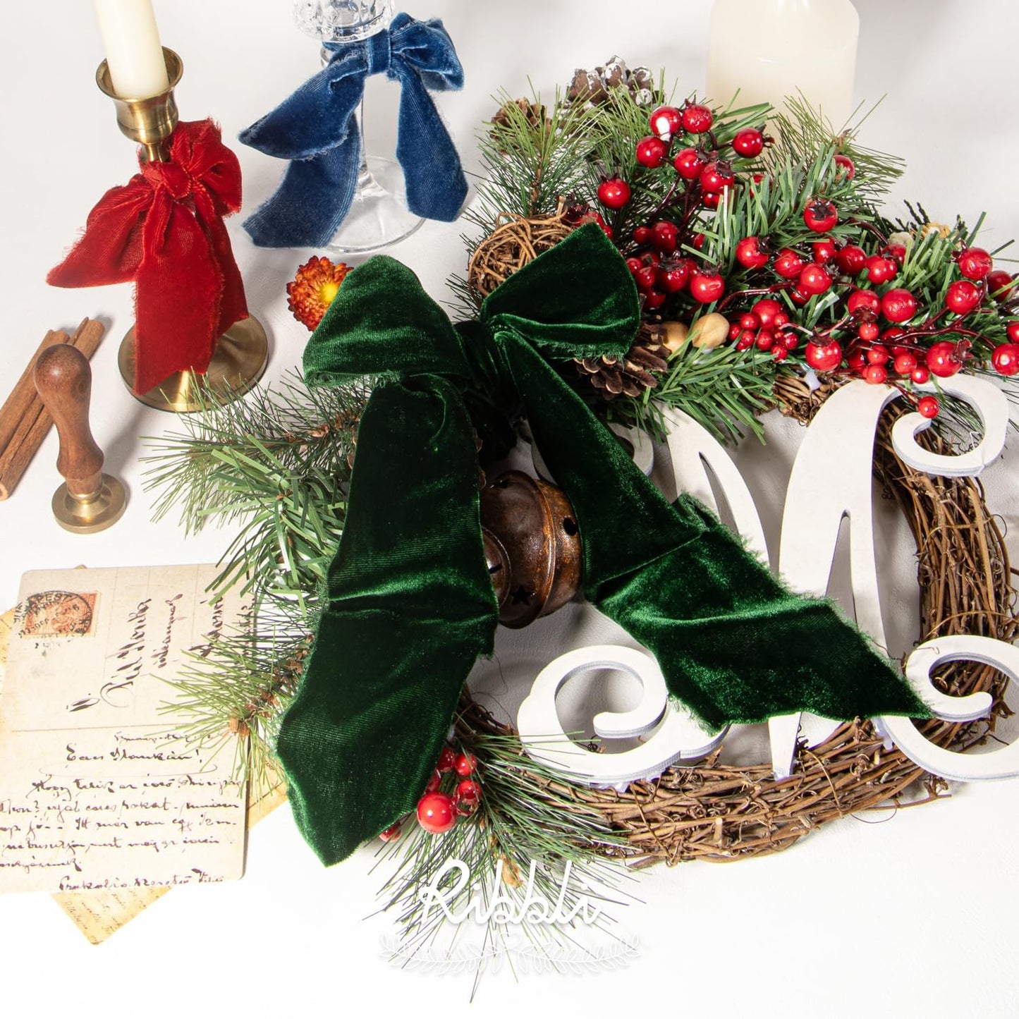 Ribbli Forest Green Velvet Ribbon 1.5 Inch Handmade Frayed Vintage Christmas Ribbon for Gift Wrapping Christmas Tree Ornament Wreath Craft Home Decor -Total 3 Yards with Wooden Spool