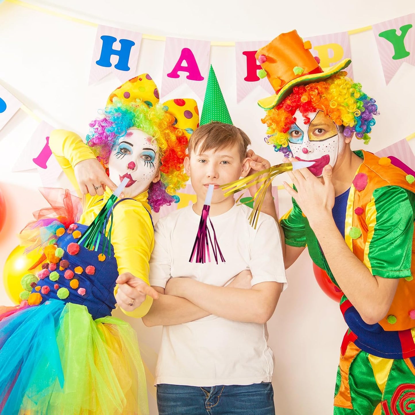 24 Pcs Party Horns, Party blowers Noise Makers, Graduation Noise Makers Glitter Metallic Fringed Birthday Blowers for Wedding Birthday Graduation Ceremony Festival (6 Colors)