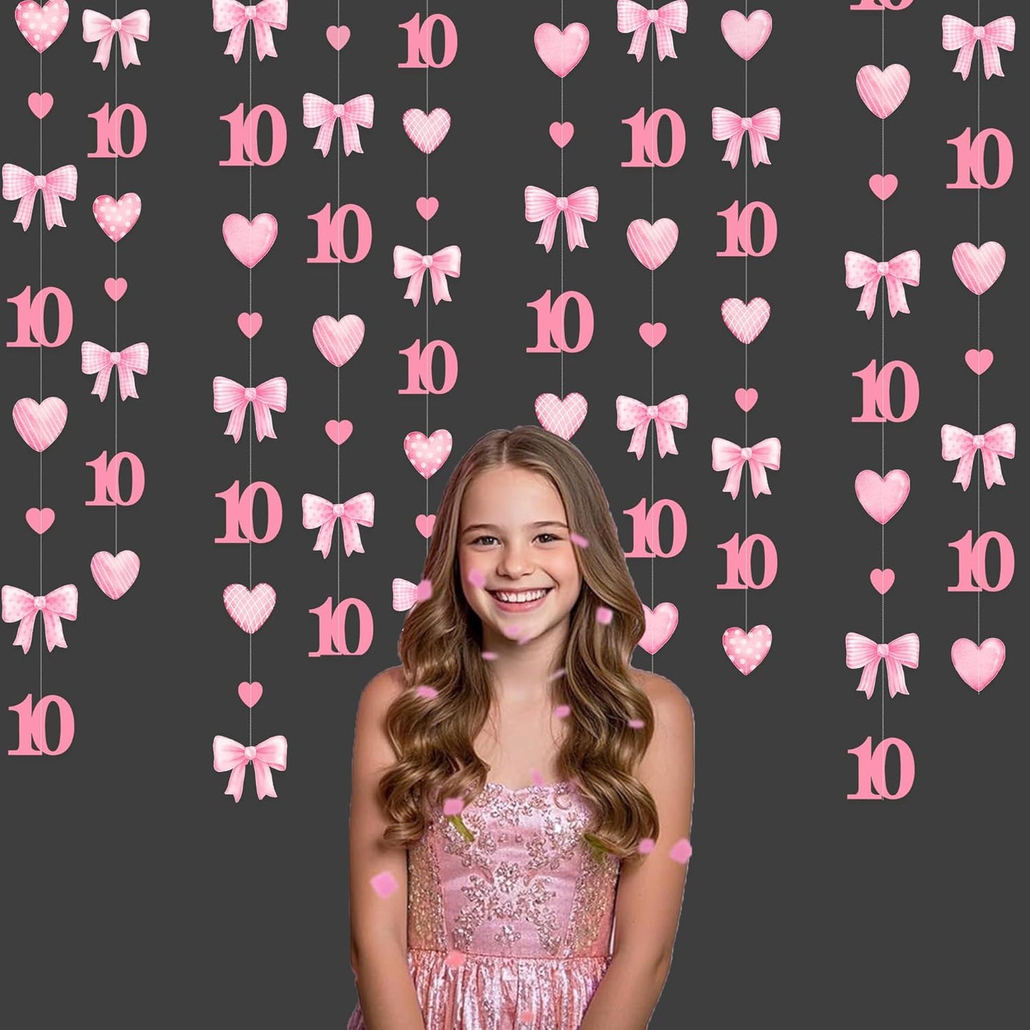 40Ft Pink 10th Bow Birthday Decorations Hot Pink Conquette Bow Heart Garland Streamer Banner for Girls Happy 10th Birthday Double Digits I'm 10 Cheers to 10 Years Old Anniversary Party Supplies