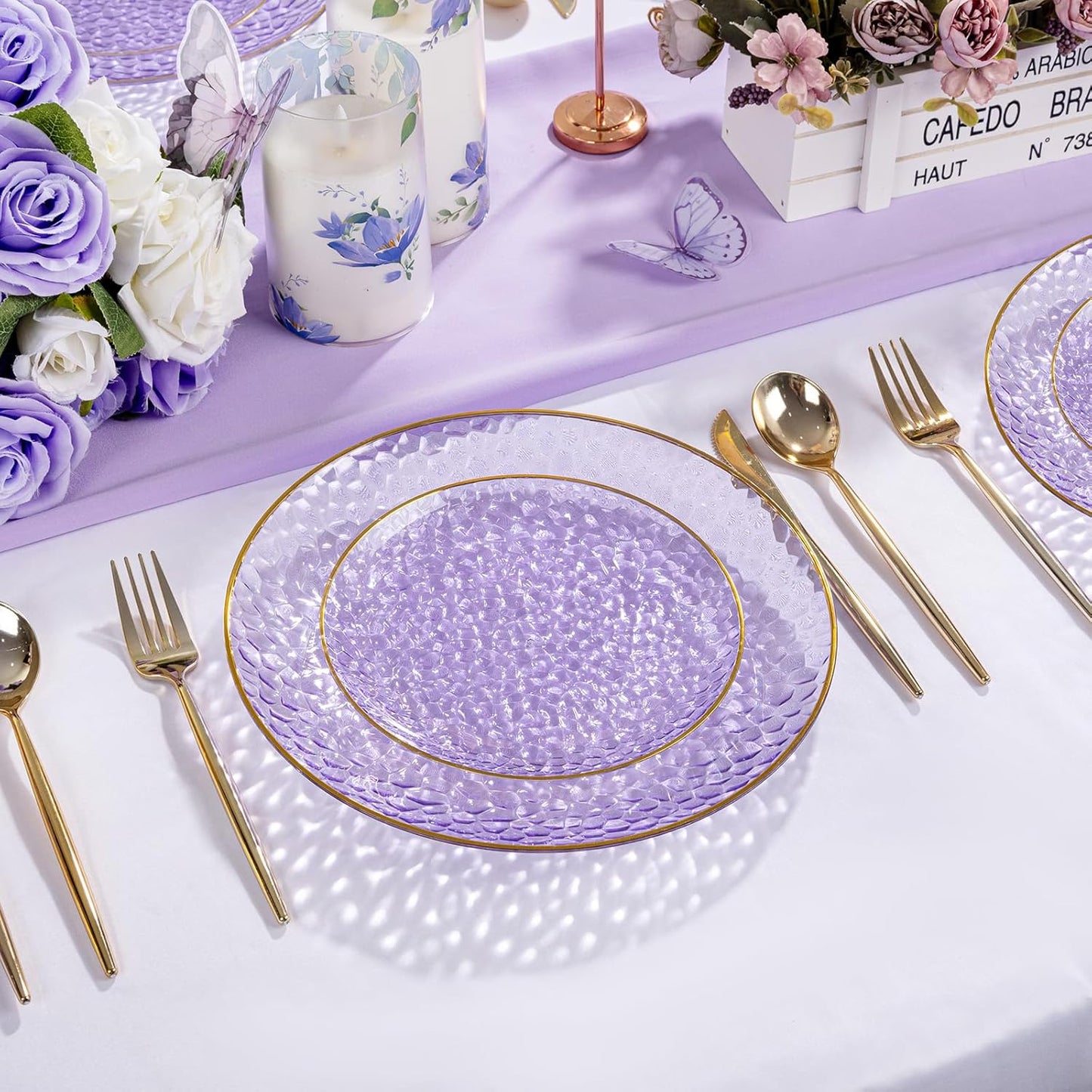 Rubtlamp 100Pcs Plastic Purple Dinner Plates, Heavy Duty 10 Inch Gold Disposable Plates, Hammered Purple Plates with Gold Rim, Fancy Plastic Plates for Weeding Parties