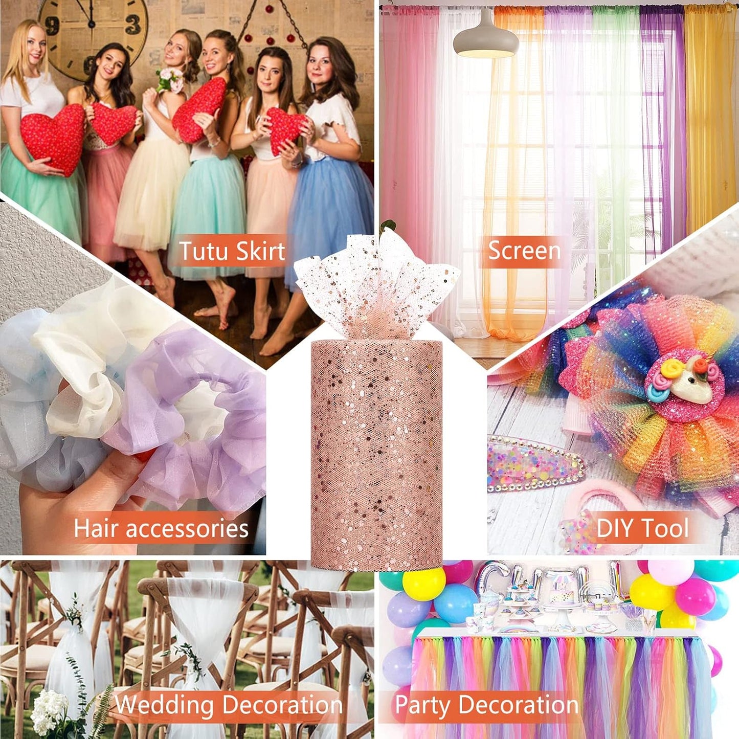 Glitter Tulle Rolls, 6” by 50 Yards (150FT) Sparkling Tulle Spool Ribbon Sequin Tulle Netting Fabric for Tutu Skirt Wedding Birthday Baby Shower (Rose Gold)