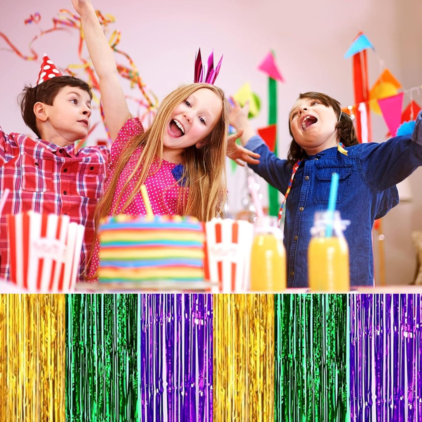 4P Metallic Foil Fringe Tinsel Table Skirts for Rectangle Tables Backdrop Banner Streamer Garland Curtains Parade Floats Wedding Graduation Anniversary Birthday Parties Decoration (Gold Green Purple)