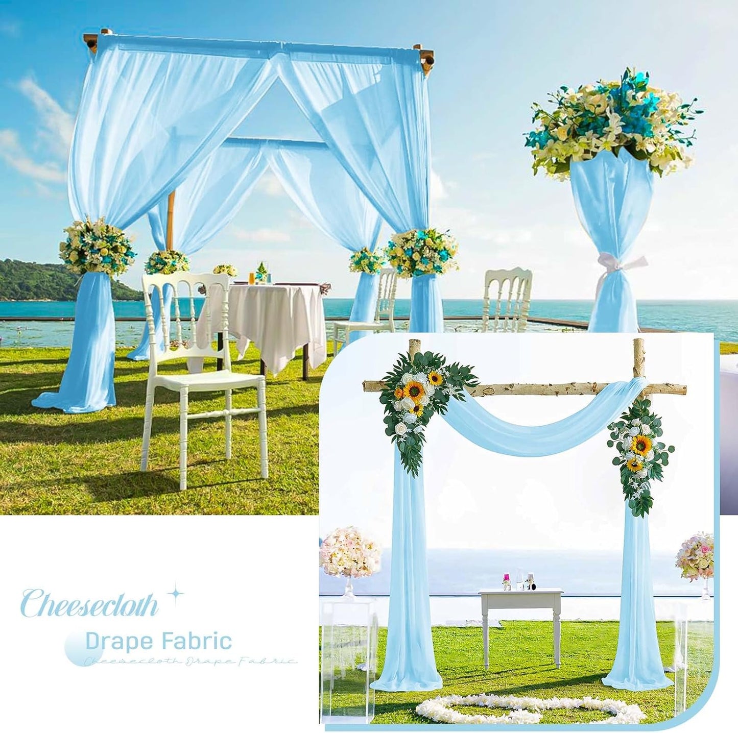 4 Panels Light Blue Wedding Arch Draping Fabric Cheesecloth Fabric 35" x 20FT Gauze Fabric Arch Drapes for Wedding Reception Sheer Backdrop Photo Background Household or Out Door Curtain