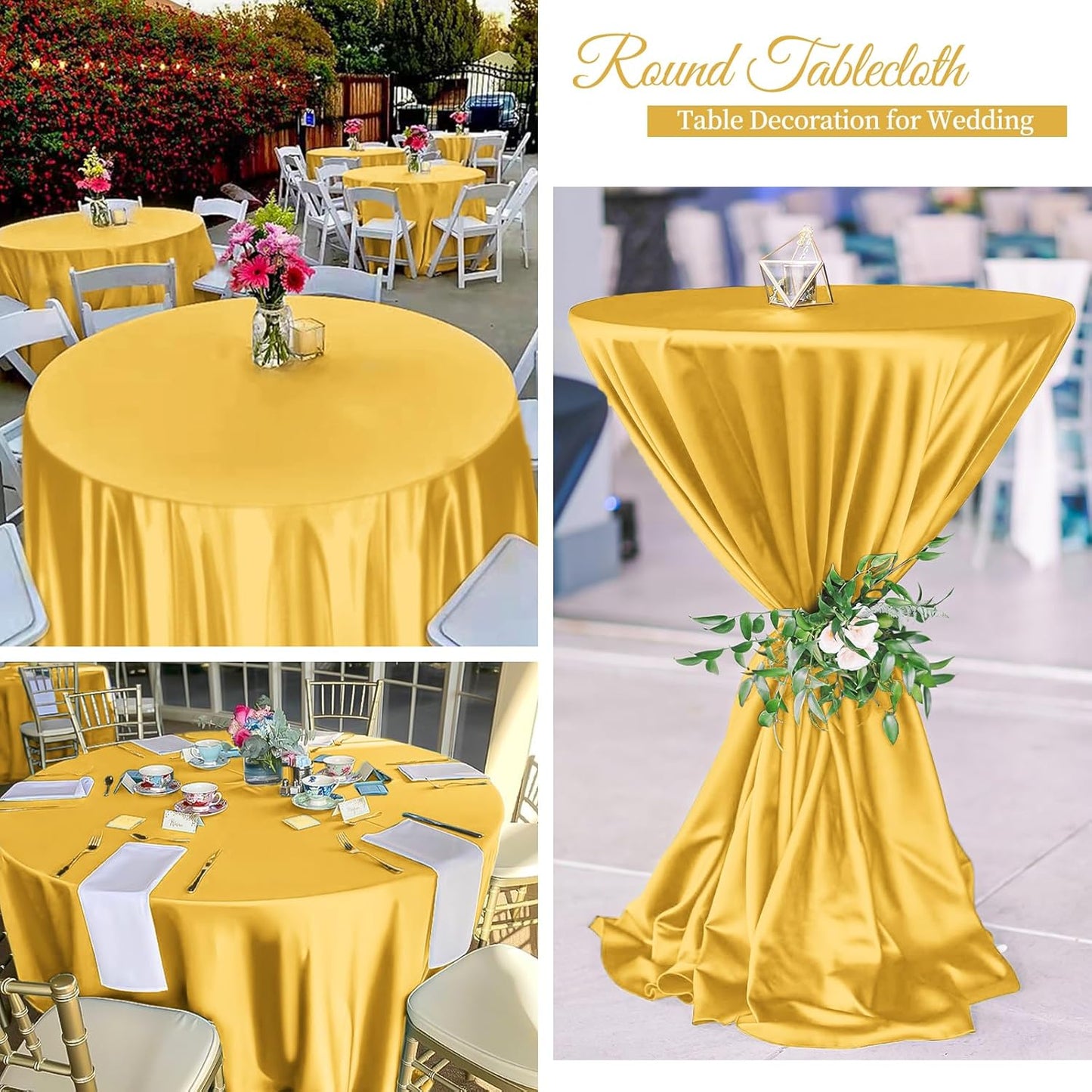 12 Pack 120 Inch Gold Satin Tablecloth - Premium Bright Silky Round Tablecloth Overlay Smooth Fabric Table Cover, Table Decoration for Wedding Party Banquet Events Restaurant Kitchen Dining