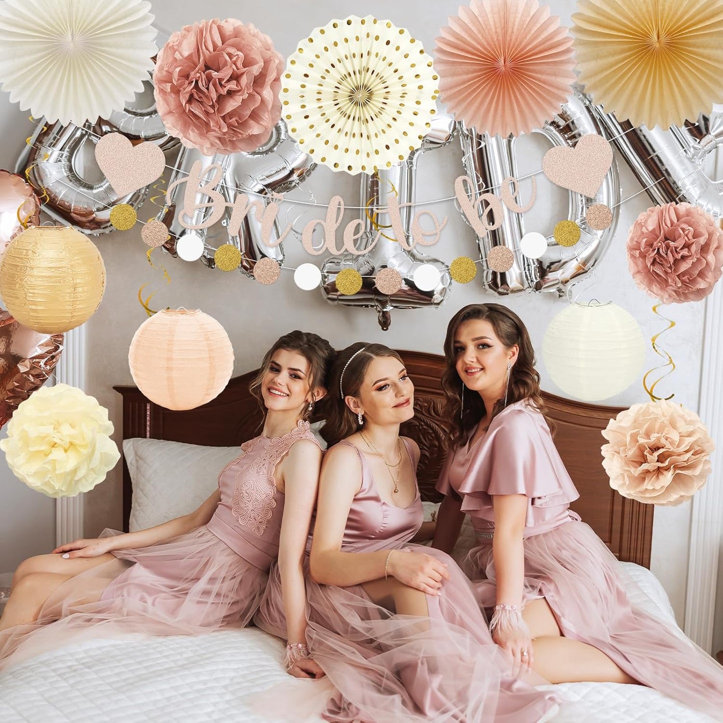 Whaline 22Pcs Boho Champagne Gold Pink Bachelorette Party Decoration Bride to Be Banner Hanging Lanterns Paper Fans Pom Poms Tassel Garlands for Wedding Bridal Shower Backdrop