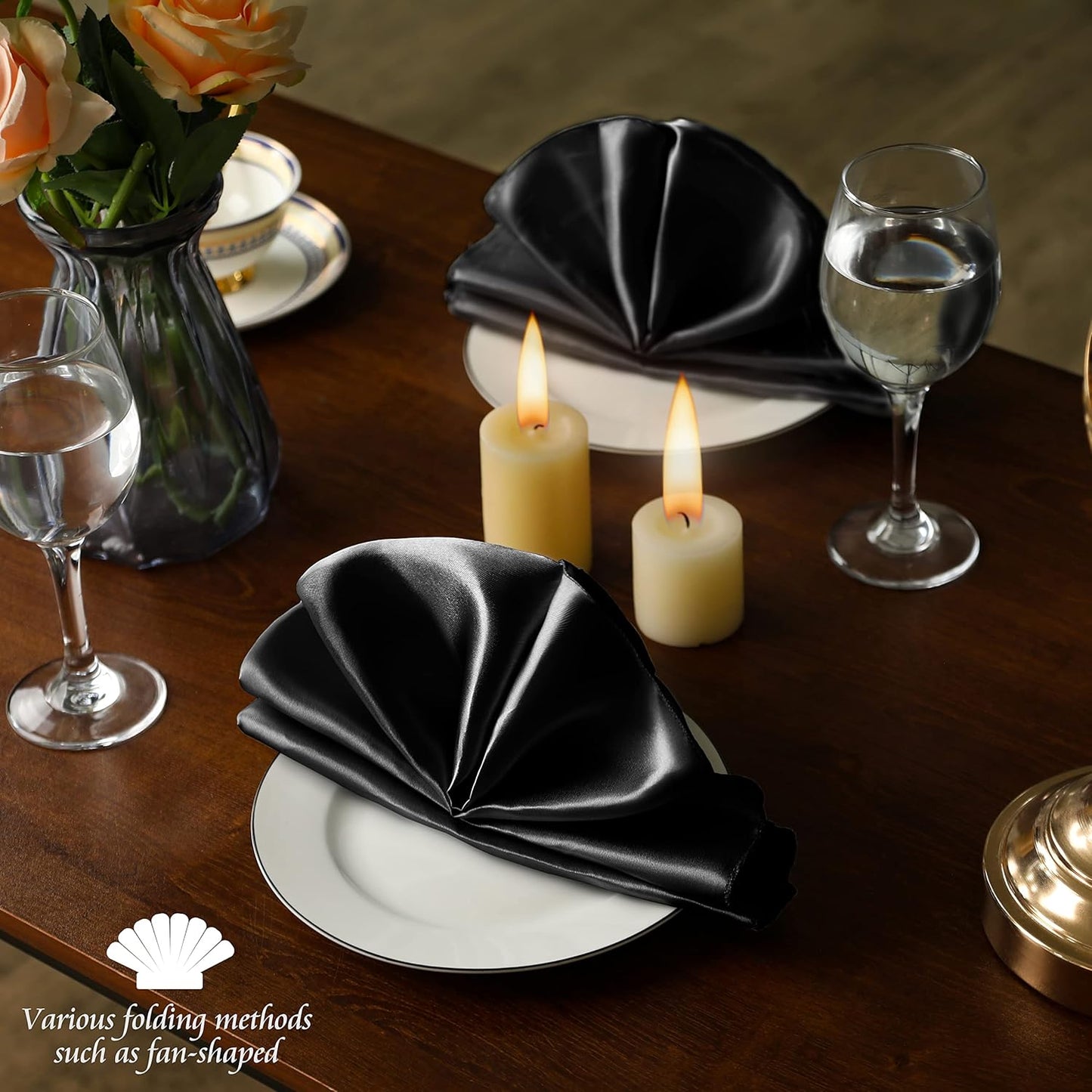 Manyshofu 50 Pieces Black Satin Napkins - 12x12 Inches Cloth Napkins, Square Satin Fabric Napkin Set - Elegant & Smooth Table Napkins for Wedding Dinner Party Lunch Banquet