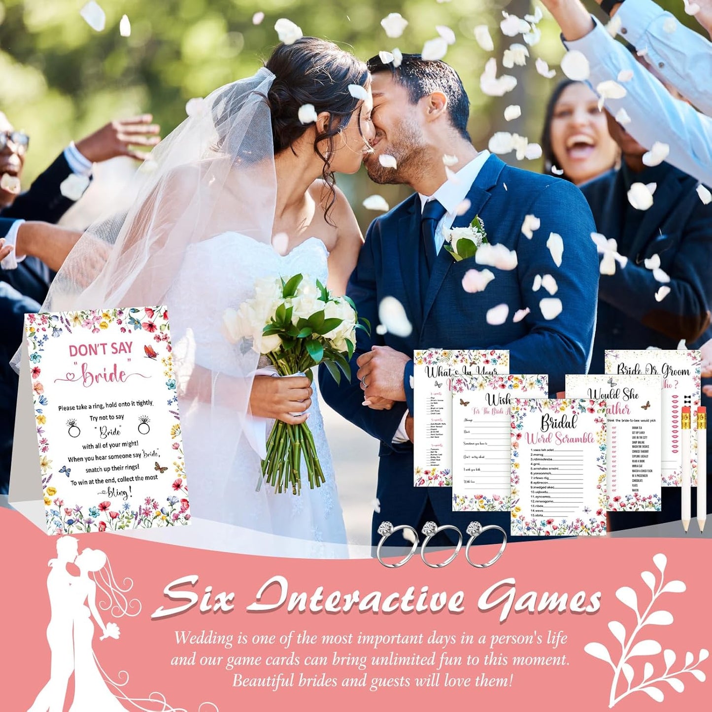 Estune 331 Pcs Bridal Shower Games Supplies, 5 Sets 250 Pcs Wedding Cards 1 Put a Ring on It Bridal Shower Games with 60 Rings and 20 Pencils(Wildflower Style)