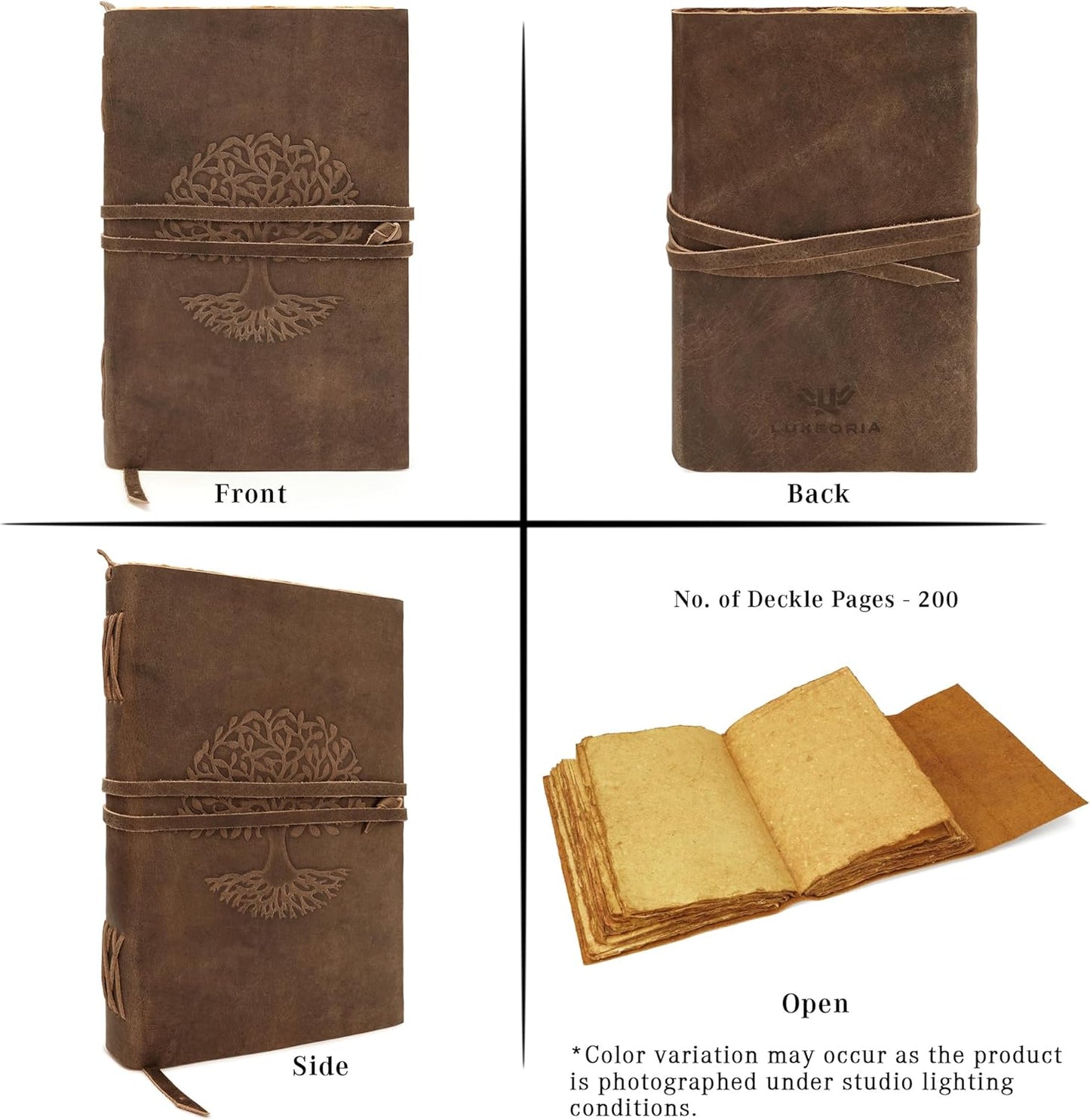 LUXEORIA Tree Of Life Leather Journal for Women and Men, Handcrafted Leather Journal for Writing Womens, Sketchbook, Travel Diary with Unlined Deckle Paper, Distressed Brown 8x13
