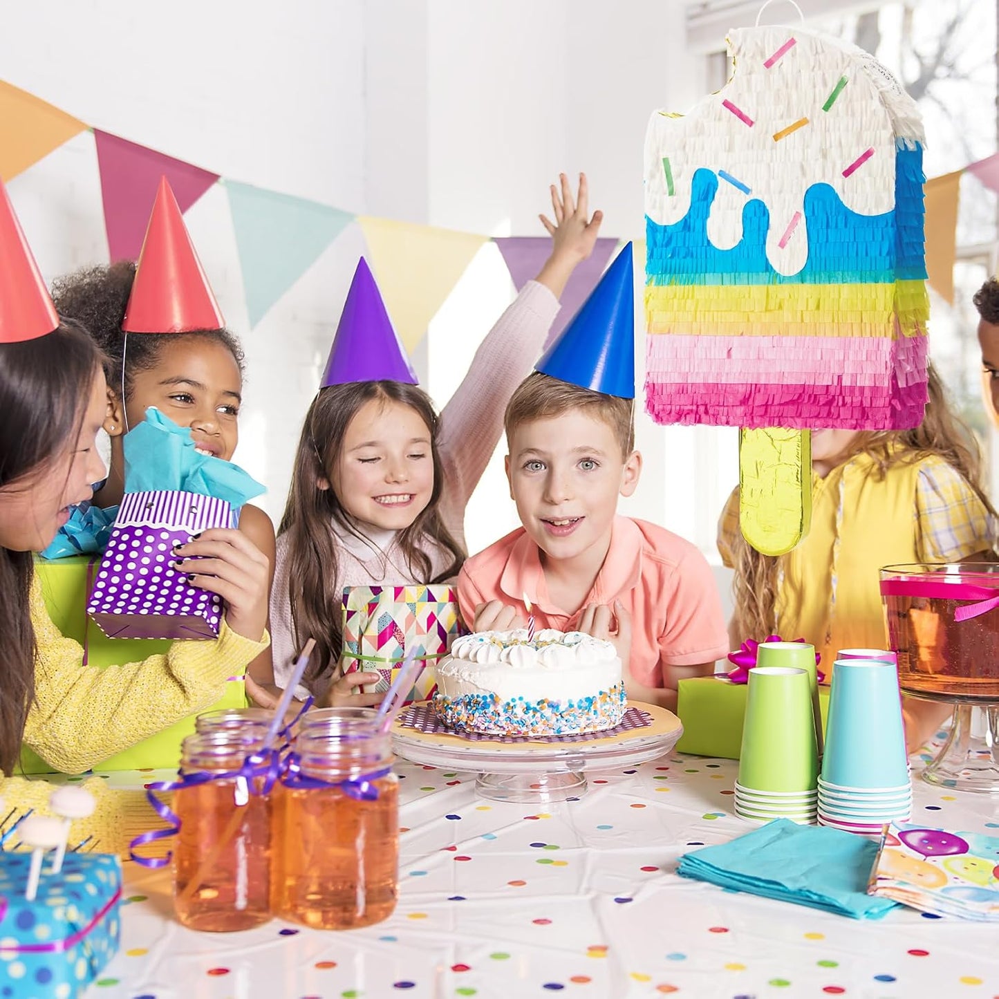 WERNNSAI Ice Cream Piñata - Sweet Summer Birthday Party Decorations Kids Colorful Popsicle Pinata with Blindfold and Bat for Summer Ice Cream Party Supplies Baby Shower Carnival Game