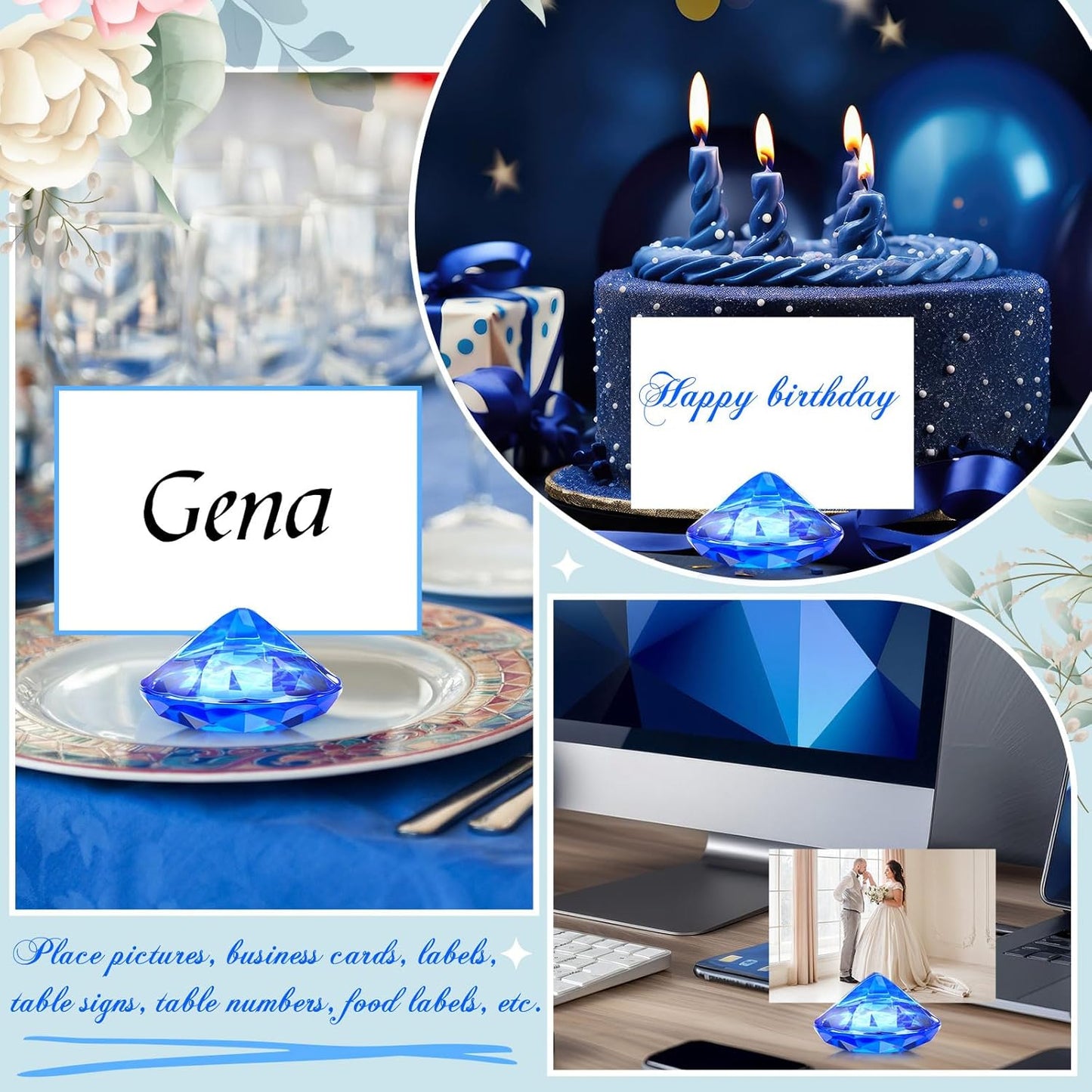 Boao 24 Pack Diamond Place Card Holders Acrylic Table Number Holder Card Stands Crystal Diamond Party Decorations Favor for Weddings Home Table(Dark Blue)