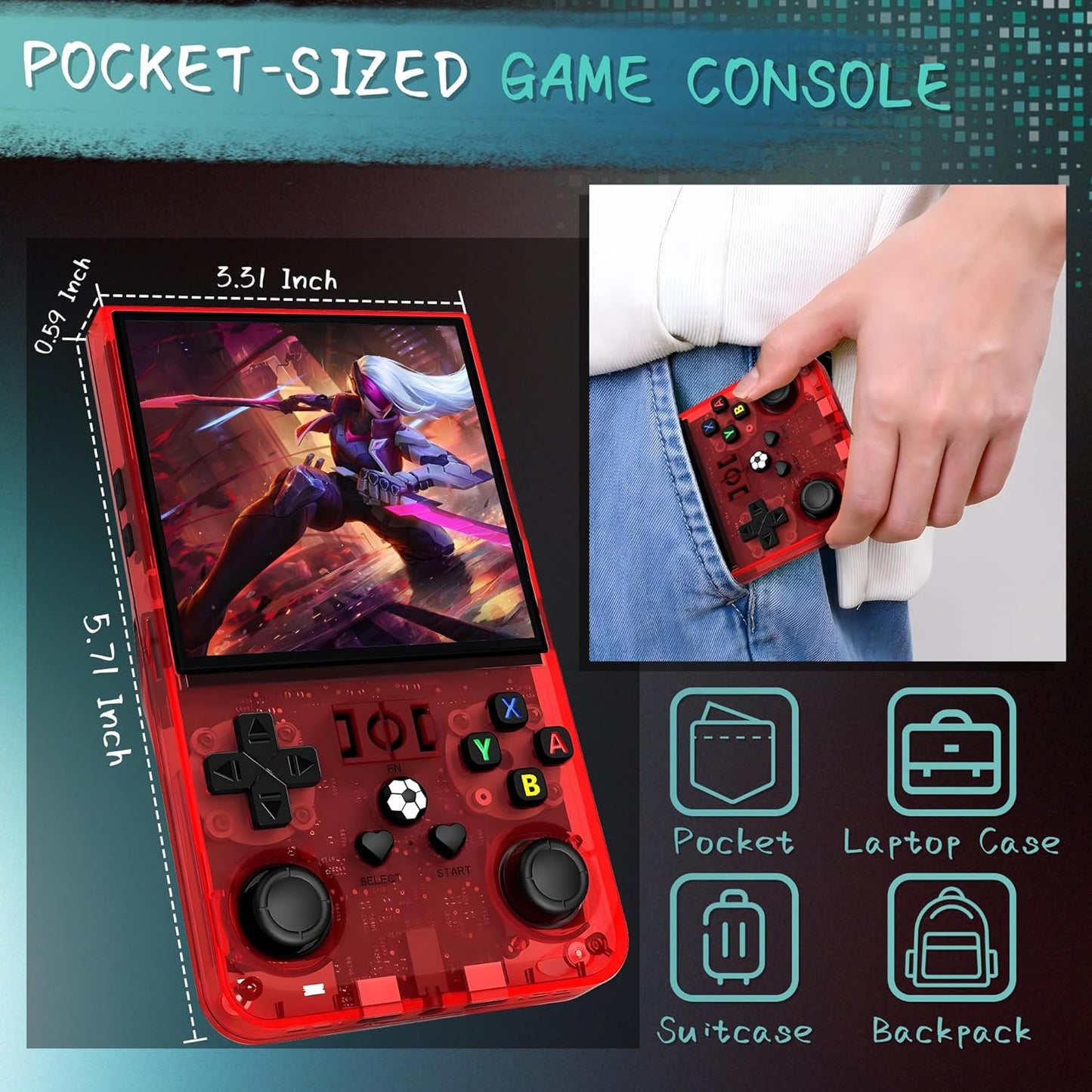 R36MAX Handheld Game Console, 40000+ Games Retro Gaming Console, 256GB TF Card Mini Retro Video Console, 4000mAh Rechargeable 4.0" IPS HD Screen Portable Pocket Arcade (Transparent Red)