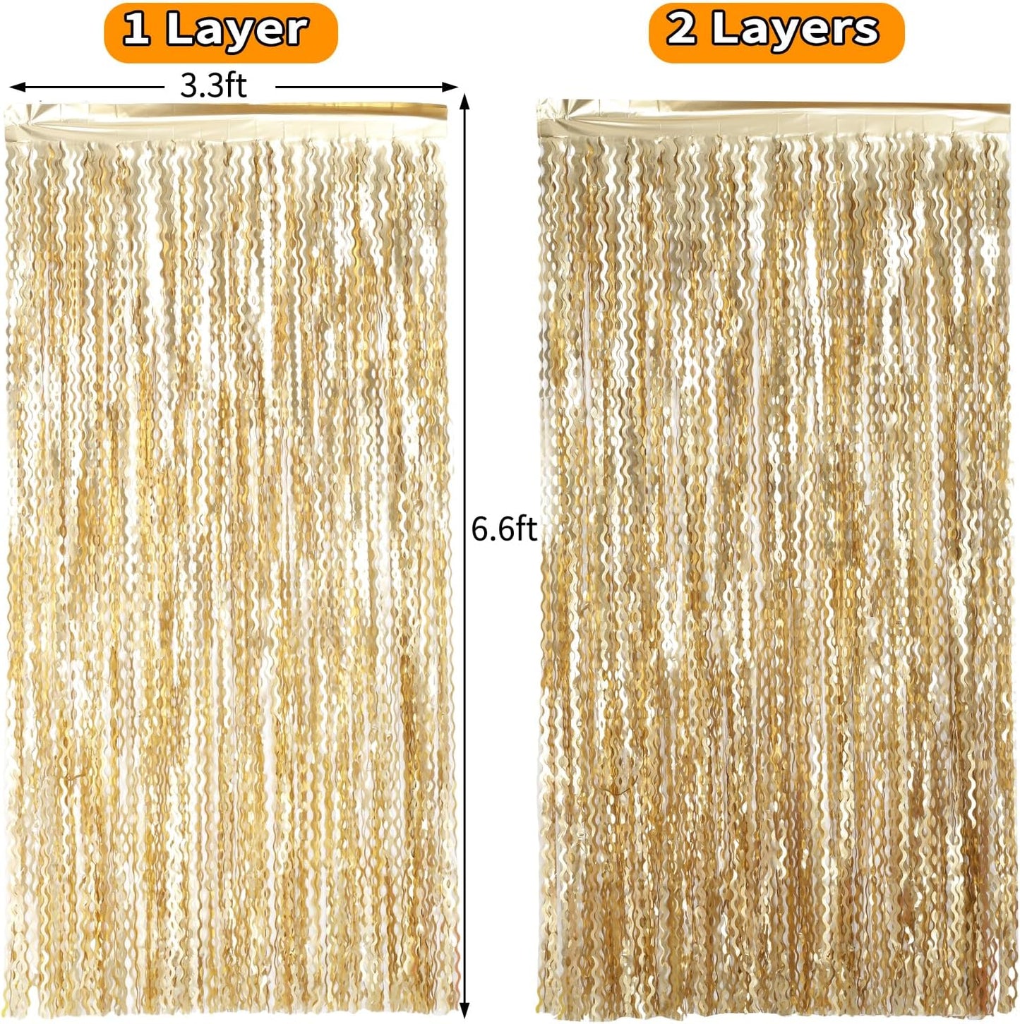 4 Pack Wavy Champagne Gold Metallic Tinsel Foil Fringe Curtains Backdrop - 3.3X6.6ft Foil Fringe Backdrop for Parties | Door Streamers for Birthday | Photo Booth Backdrops Party Decor