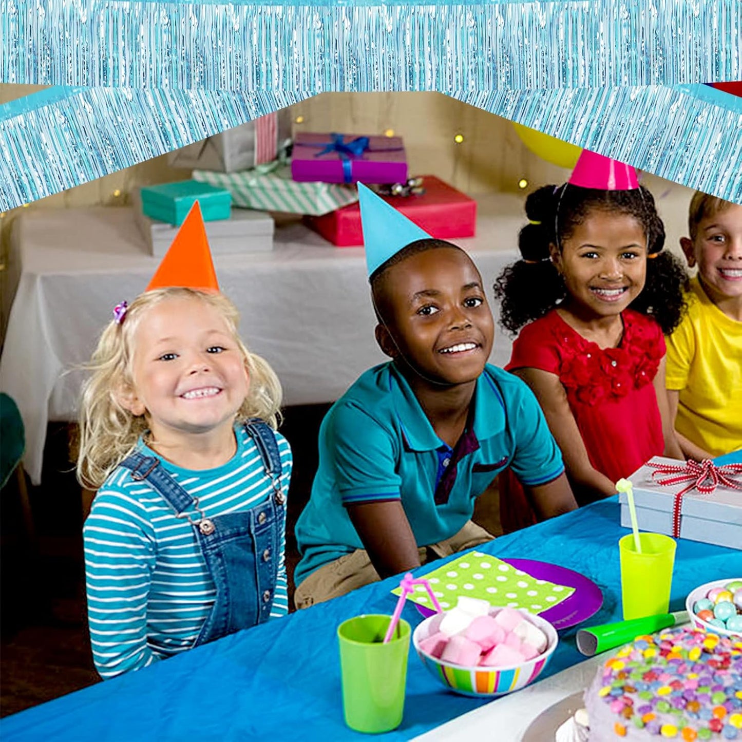 6 Pack 10 Feet Foil Fringe Garland Metallic Tinsel Streamers Banner Wall Hanging Curtain Backdrop Banner for Parade Floats, Thanksgiving, Christmas, Birthday, Halloween Party Decorations(Light Blue)