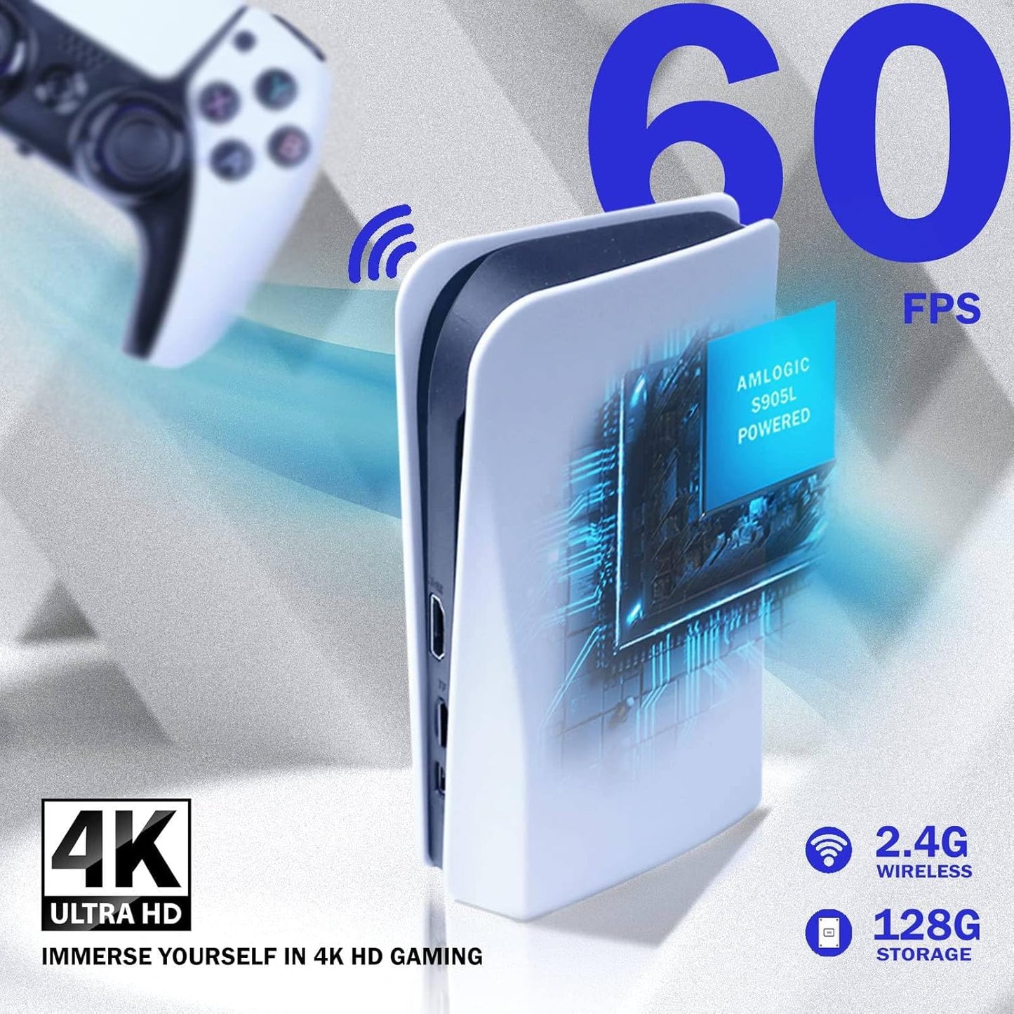 Wireless Emulator Retro Game Console, 4k,40000+ Video Games 128GB Built in 40+Emulators Plug and Play Video Game Console Support HDMI TV Output (Transparent White)