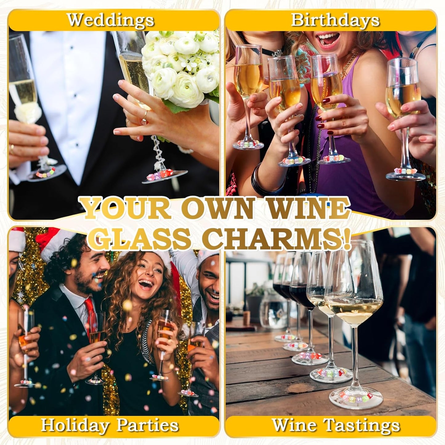 60 Sets DIY Wine Glass Charms โ 780 Letter Beads 120 Gold Beads 60 Charm Rings 2 Tweezers, Drink Identifier Charms Wine Glass Marker Tags for Wedding Cocktail Bachelorette Party Decoration (Square)