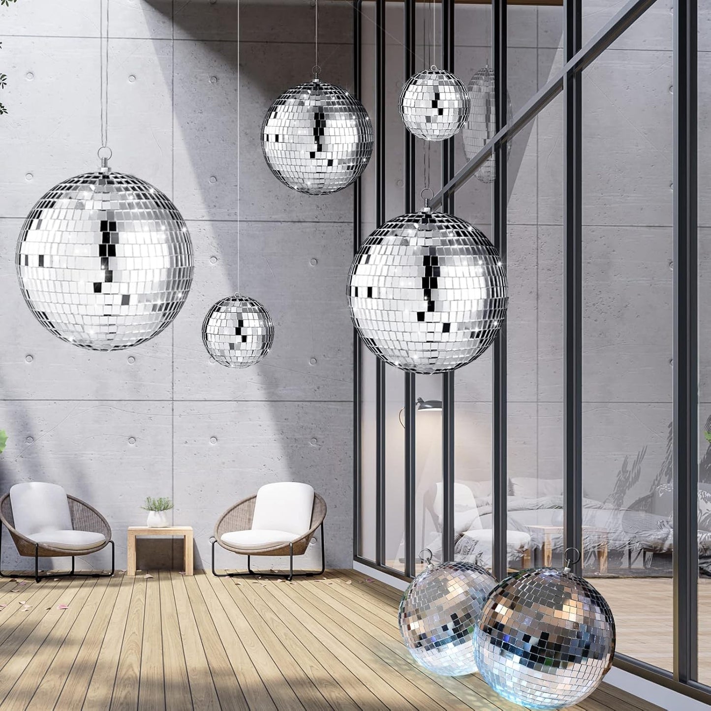 Haull 8 Pcs Large Disco Ball Set Silver Mirror Disco Reflective Ball with Hanging Ring Party Ornament Decoration for Stage Club Ballroom Dance Hall Wedding Prom Props(12'', 8'', 6'', 4'')