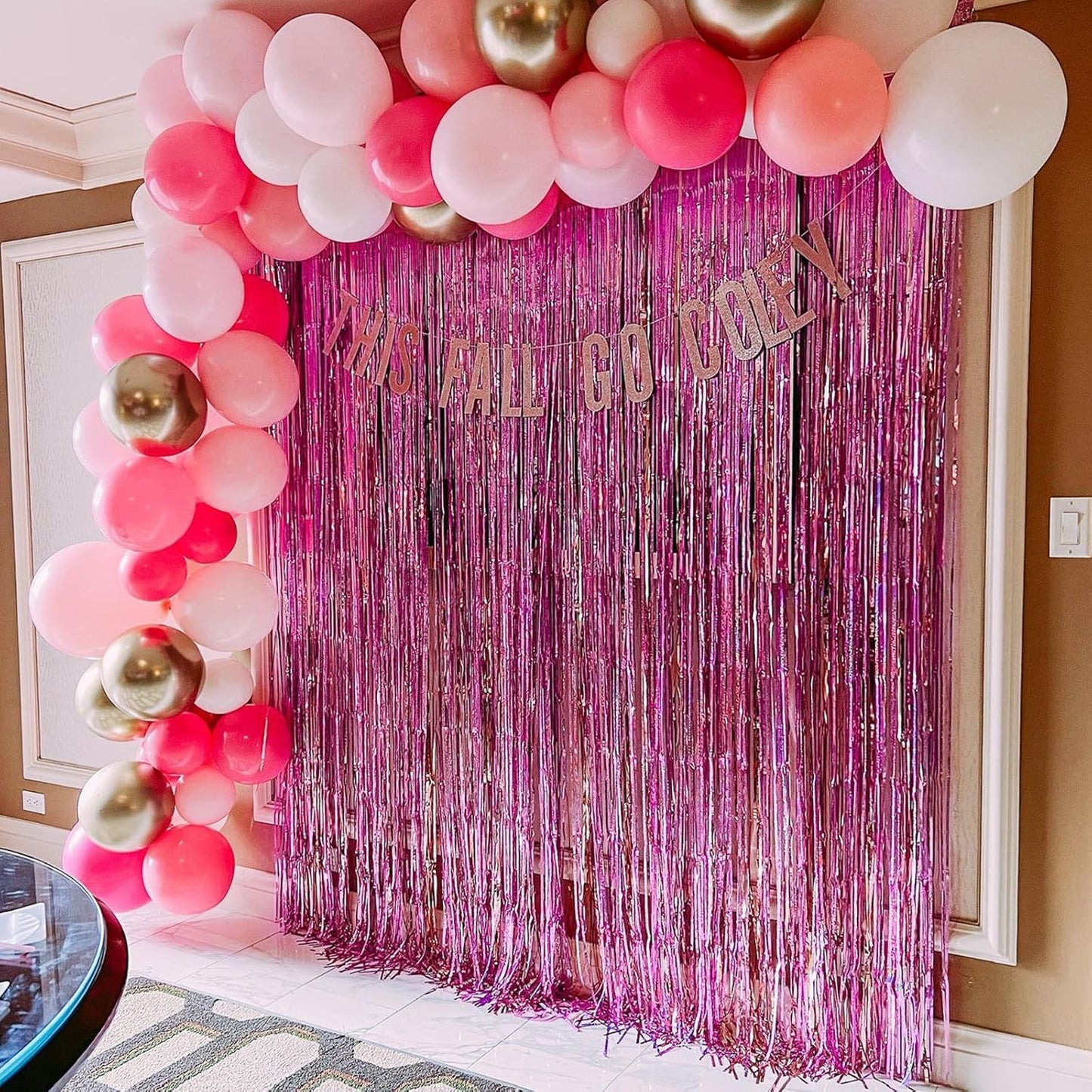 CANREVEL 2 Pack 3.3x8.2 Feet Pink Foil Fringe Backdrop Curtains, Glitter Tinsel Streamers Birthday Party Decorations, Fringe Backdrop for Girl Princess Bachelorette Euphoria Theme Party