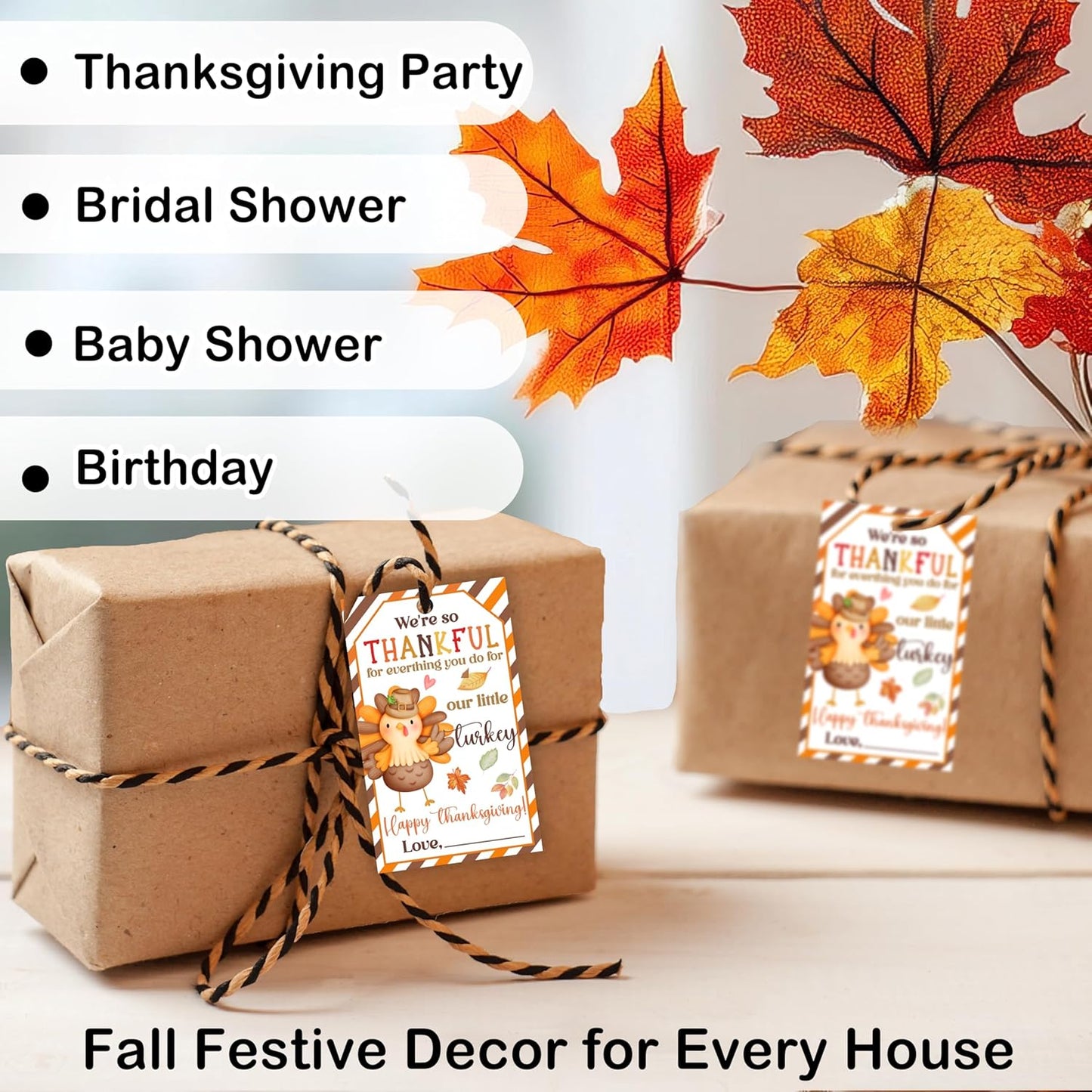 50 PCS Fall Gift Tags Thanksgiving Gift Tags with String, 2.1" x 3.5" Thanksgiving Design Present Label for Present Bags, Fall Party Favor Decorations, 4 Styles - A01