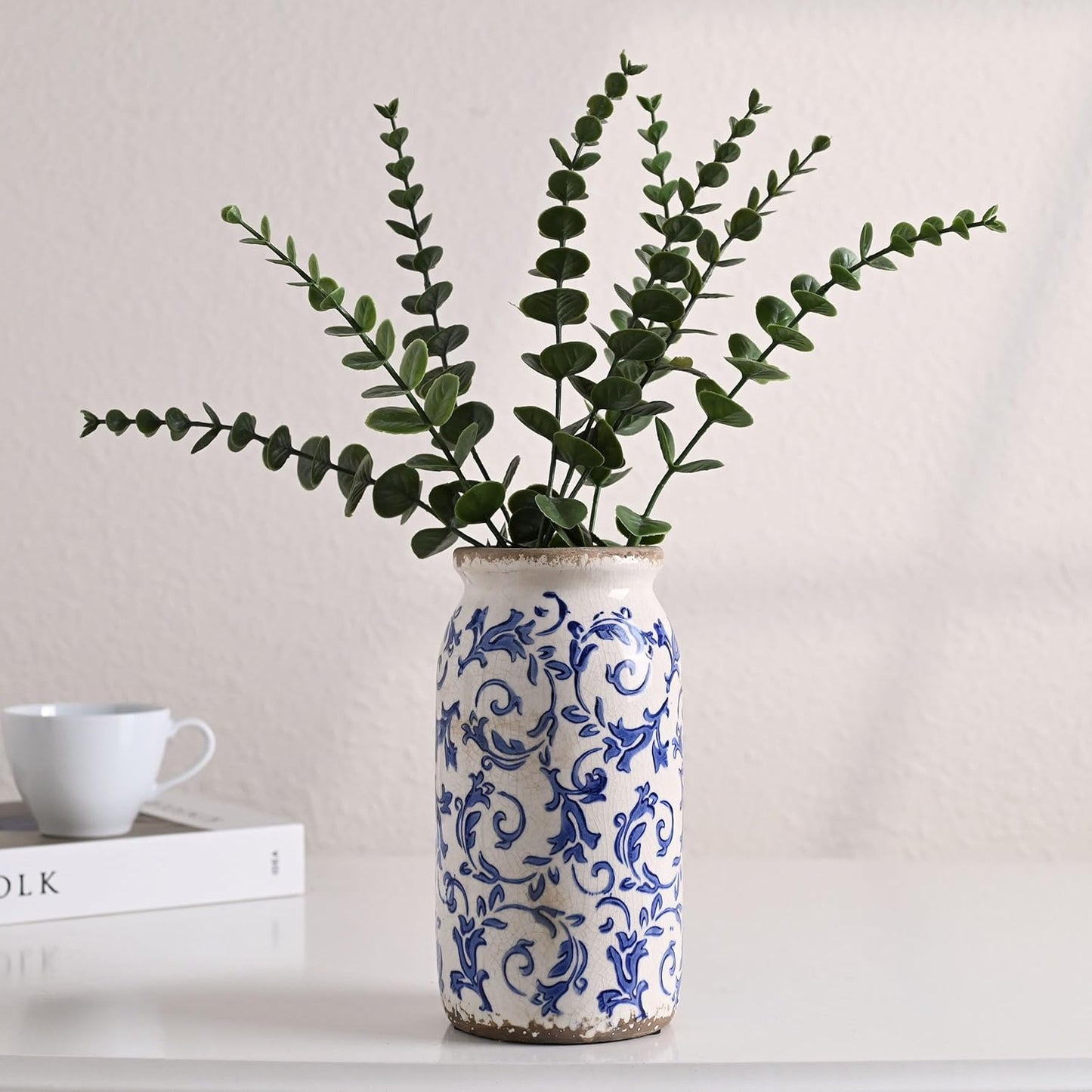 VICTOR & TERESA Rustic Blue and White Vase for Home Decor, Ceramic Vases for Flowers, Modern Farmhouse Decorative Vases for Pampas Grass,Table, Mantel, Living Room,Bookshelf, Centerpieces, 8''